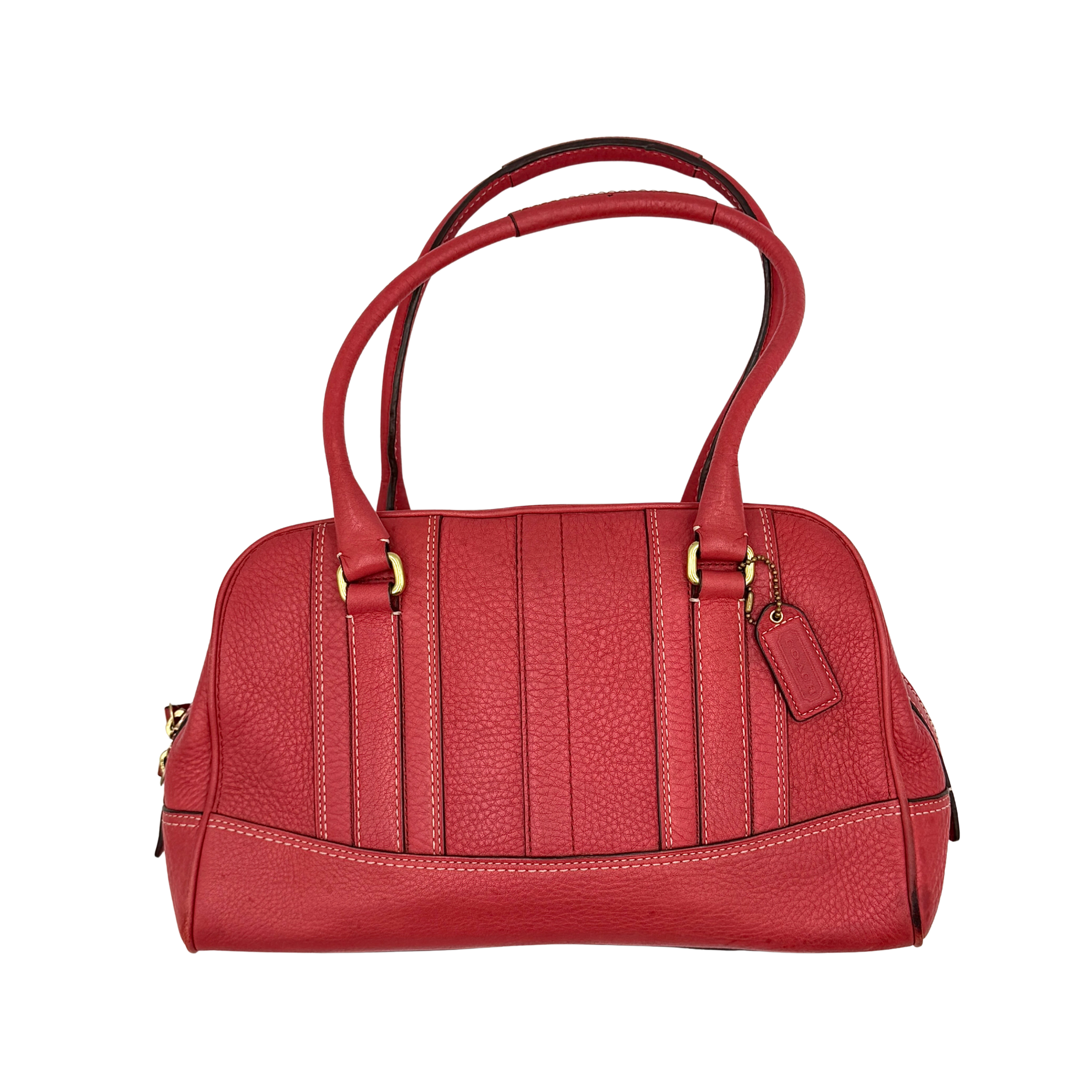 Red Coach Hamilton satchel bag in pebble leather with dual handles and sleek design