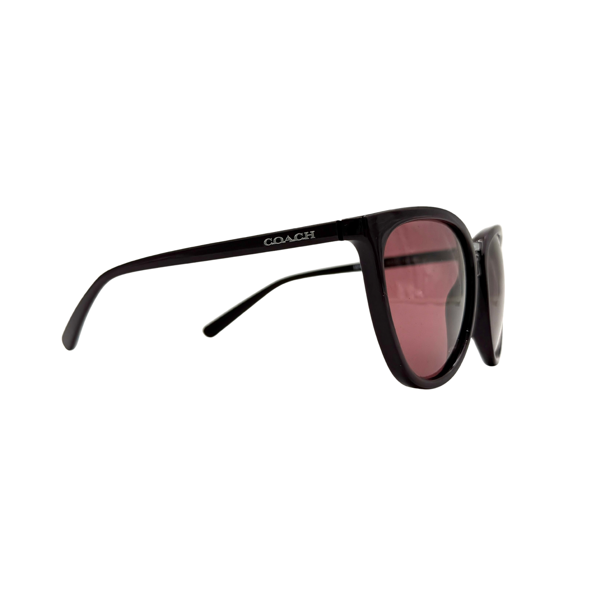 Coach HC8221 sunglasses in burgundy featuring a full-frame design, tinted lenses, and Coach logo on the temples, shown with original Coach case and booklet.