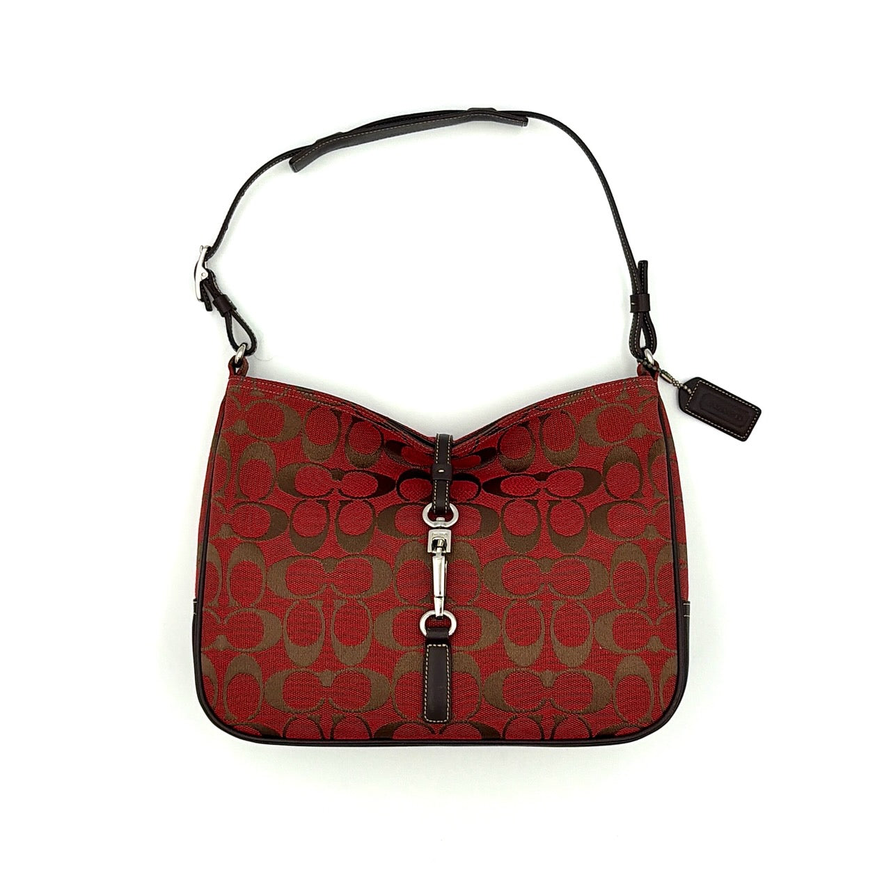Coach Hobo Signature Clip Canvas Handbag in red and brown, crafted from signature canvas with leather trim and silver-tone hardware.
