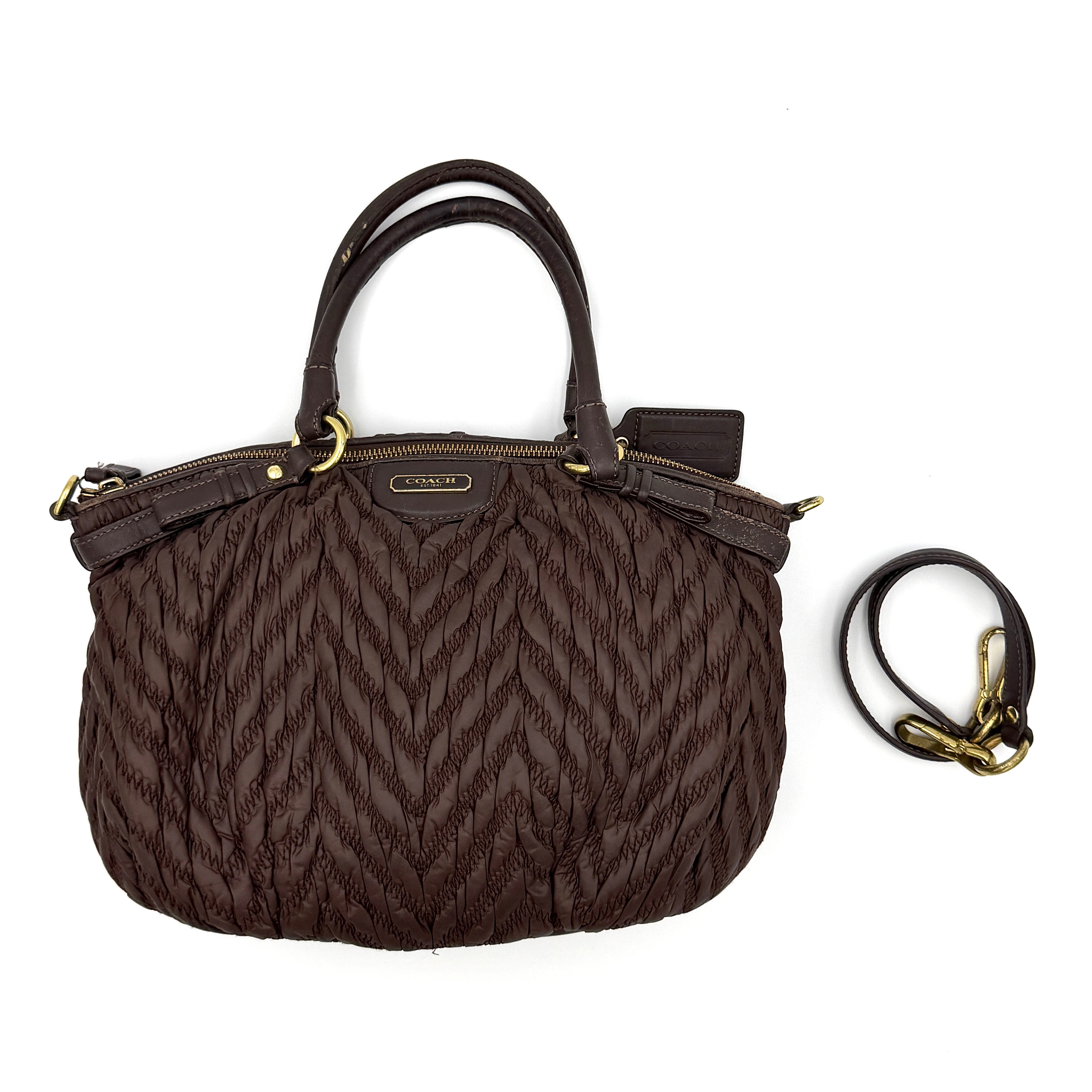 Coach Madison 2Way Chevron Quilted Nylon Shoulder Bag in brown with gold hardware and purple satin interior.