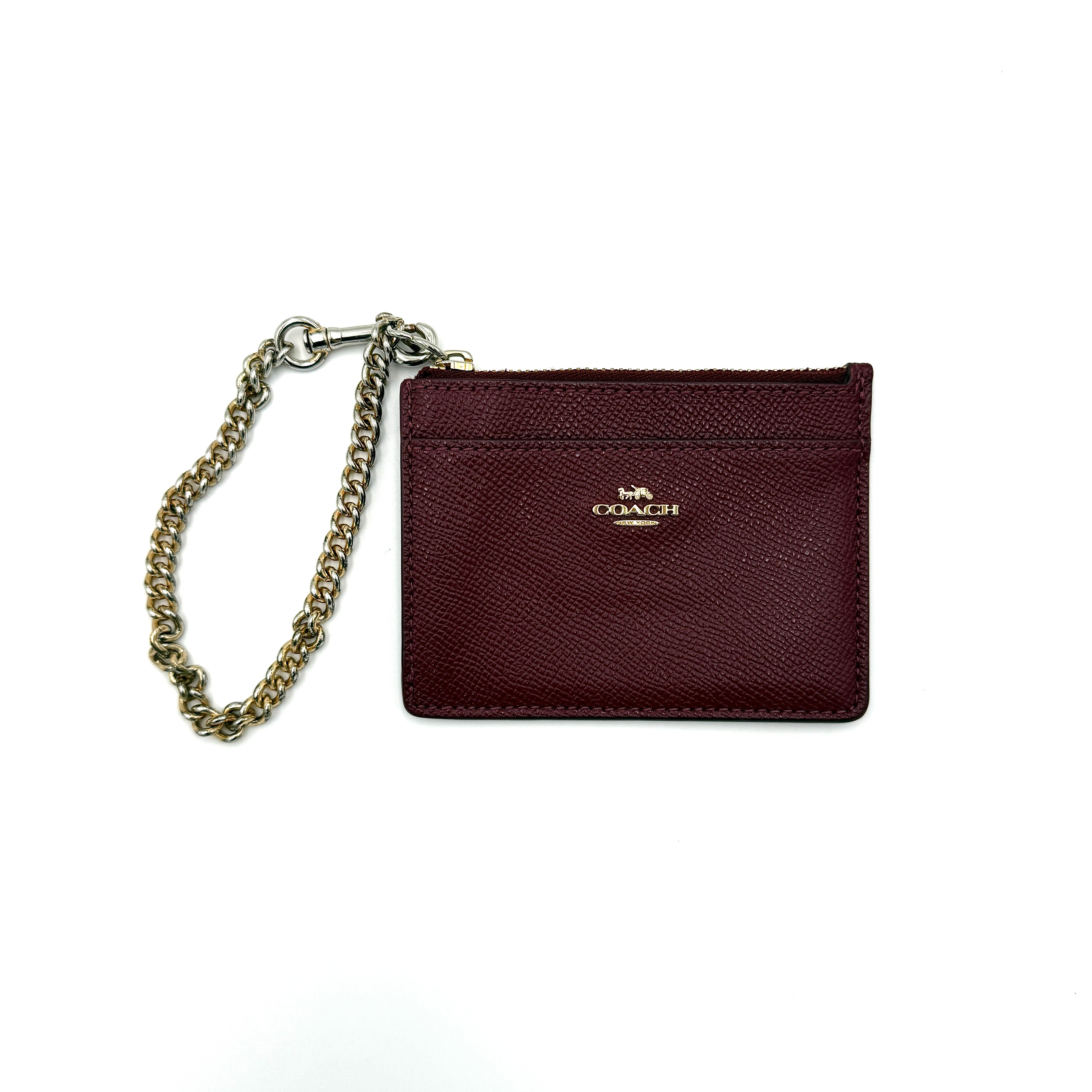 Coach burgundy mini skinny ID case cardholder with chain attachment and ID window