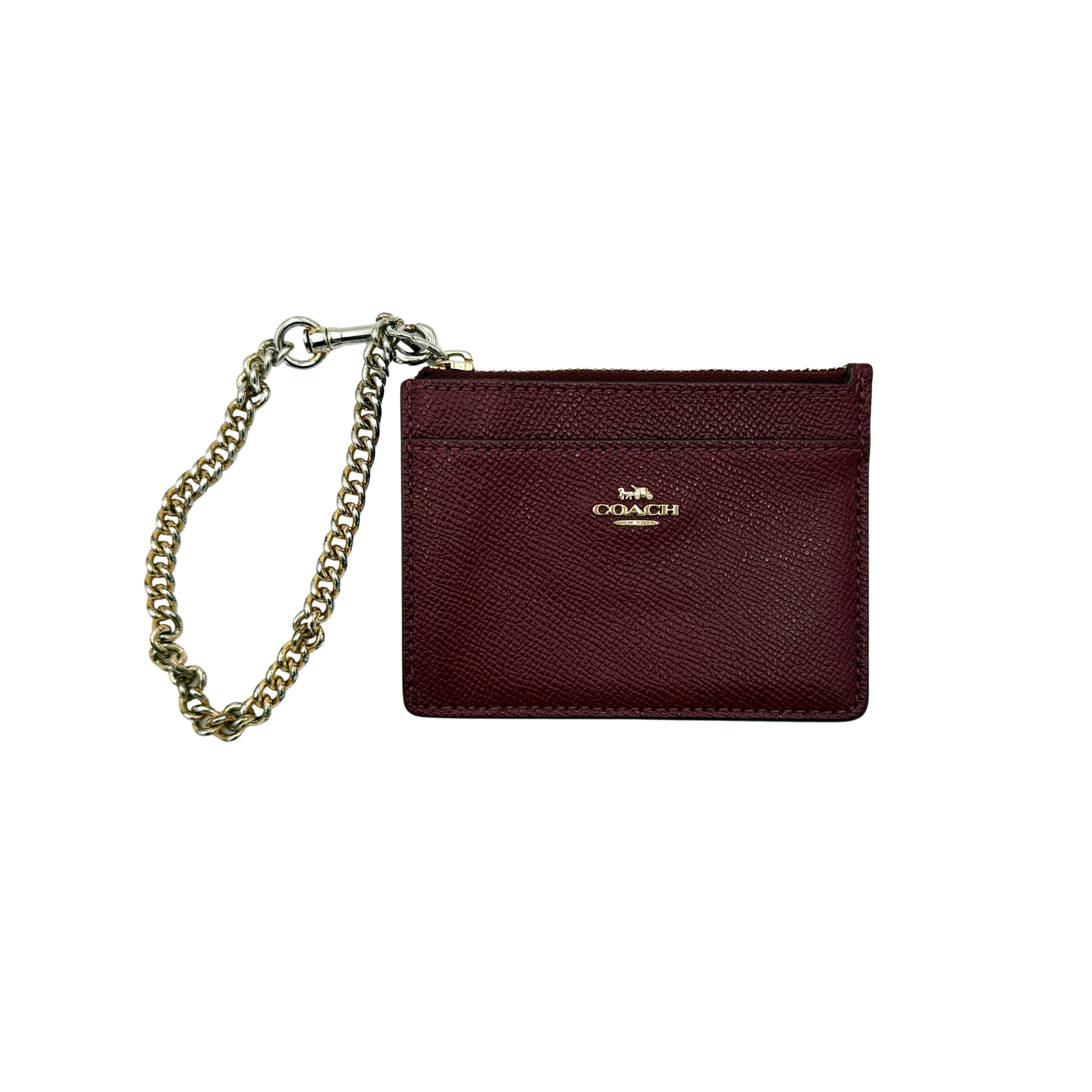 Coach burgundy cardholder with chain, featuring a transparent ID slot and zipped compartment.