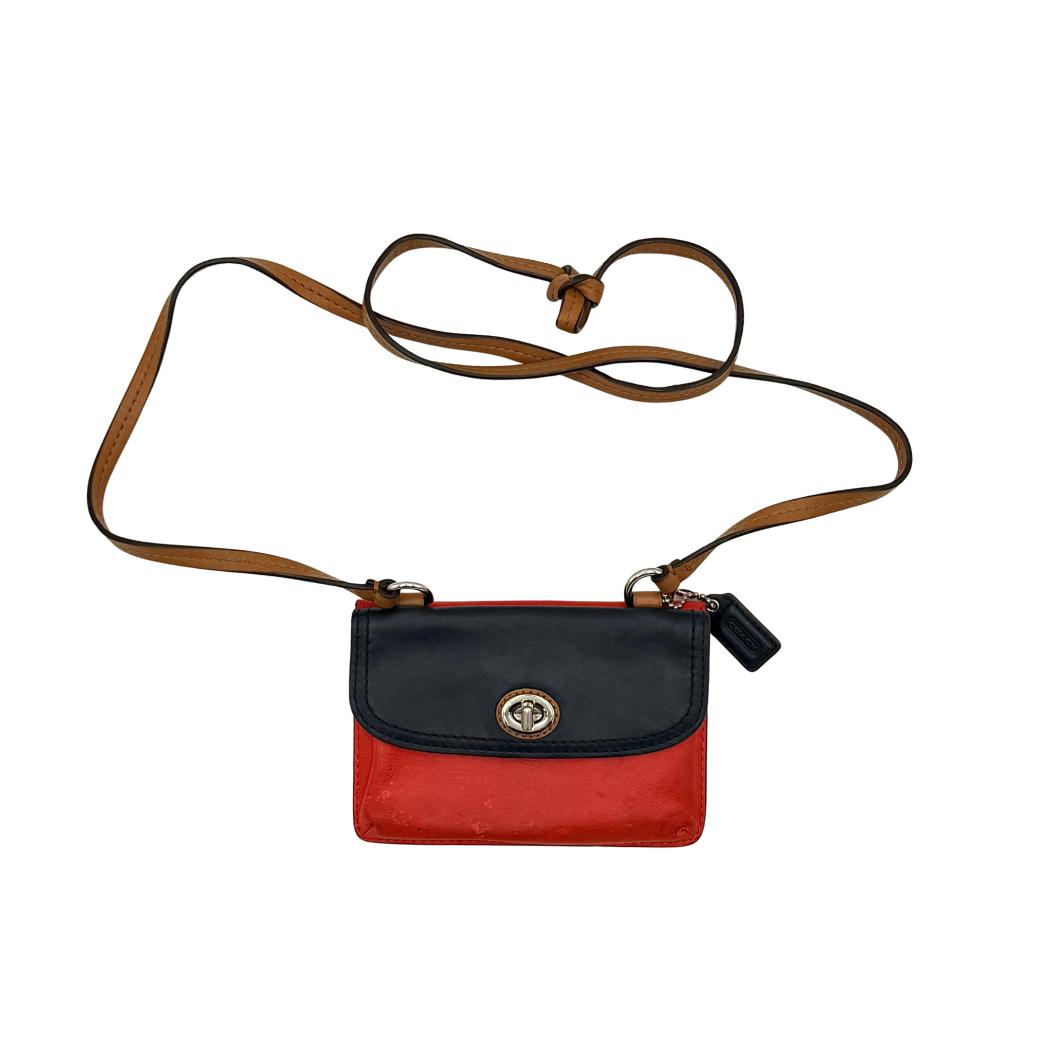 Coach Park Dylan Mini Colorblock Crossbody Bag in red and navy with flap closure and adjustable strap, showcasing colorblock design