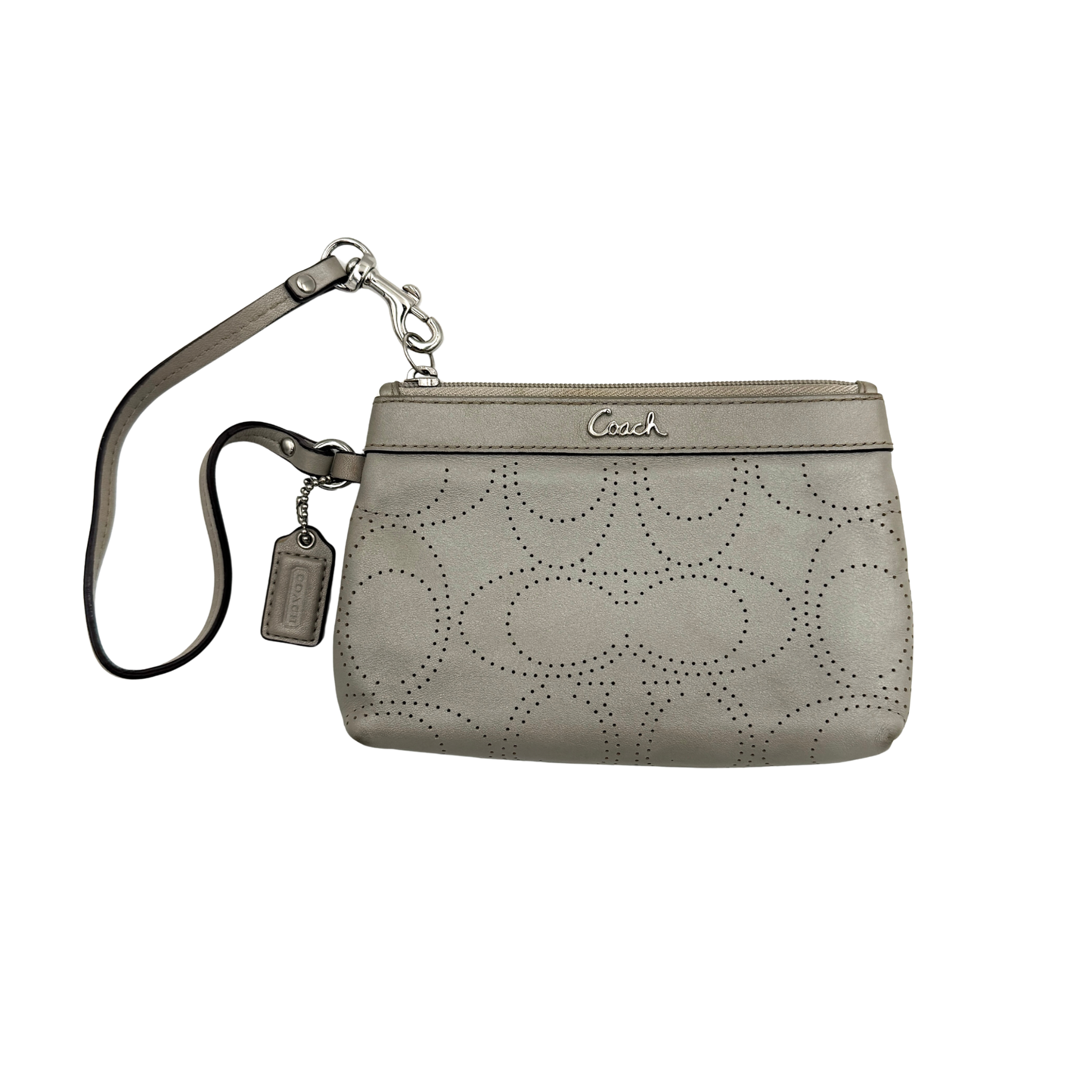 Coach grey perforated C wristlet with signature pattern, featuring wrist strap and inner contrasting lining