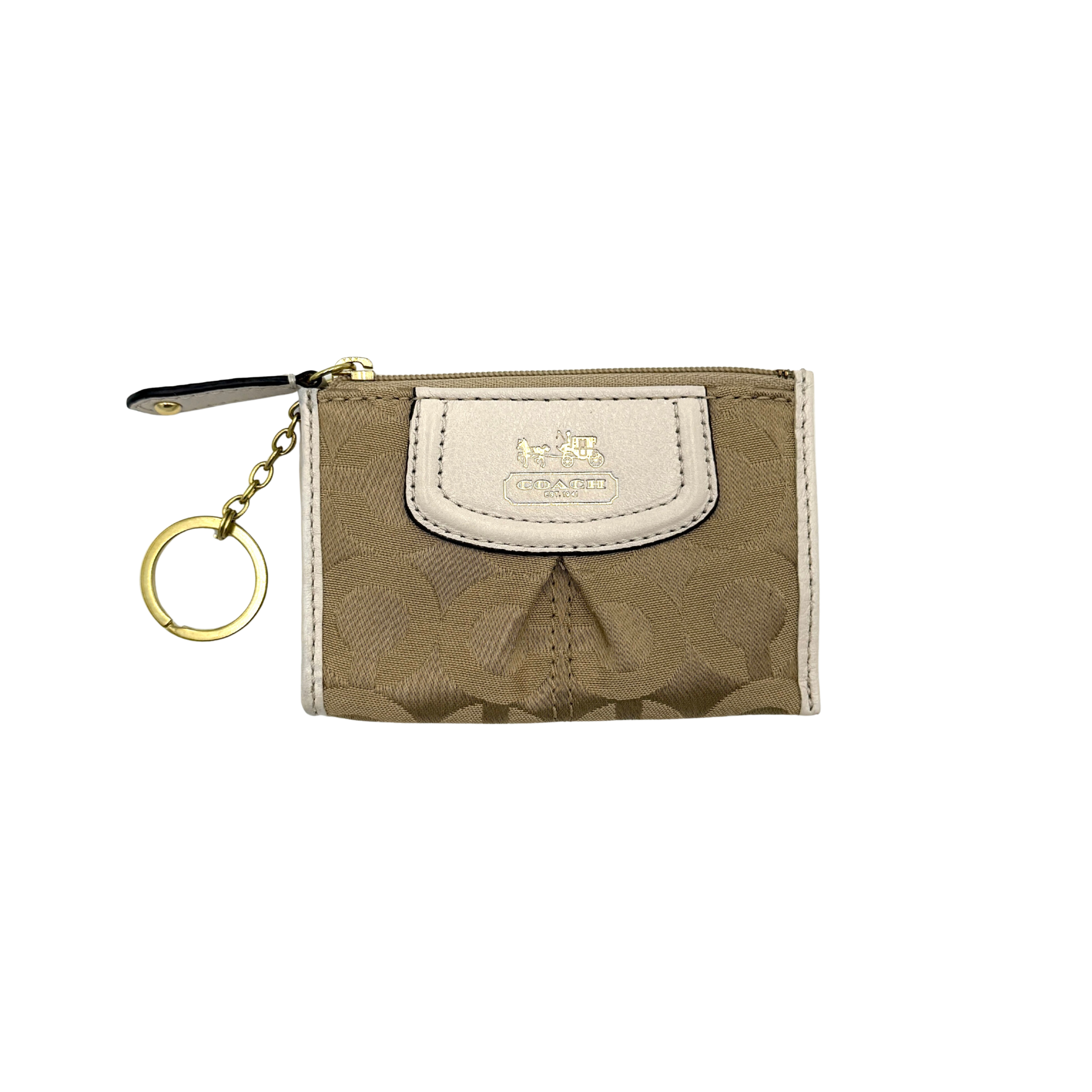 Coach beige signature canvas mini skinny ID coin purse with zip closure, ID window, and key ring.