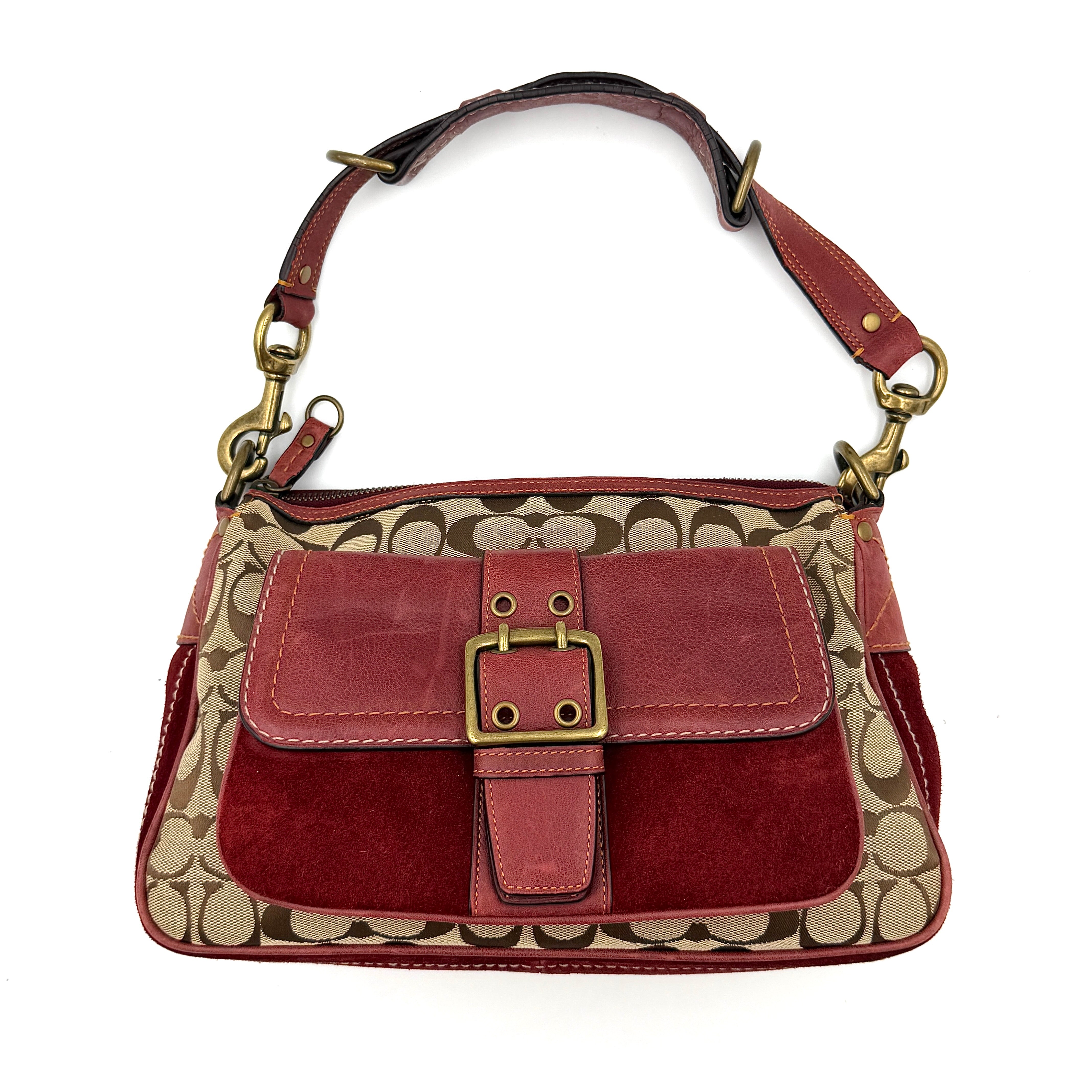 Coach Signature Front Buckle Shoulder Bag in burgundy and beige with classic pattern, front buckle flap, and shoulder strap