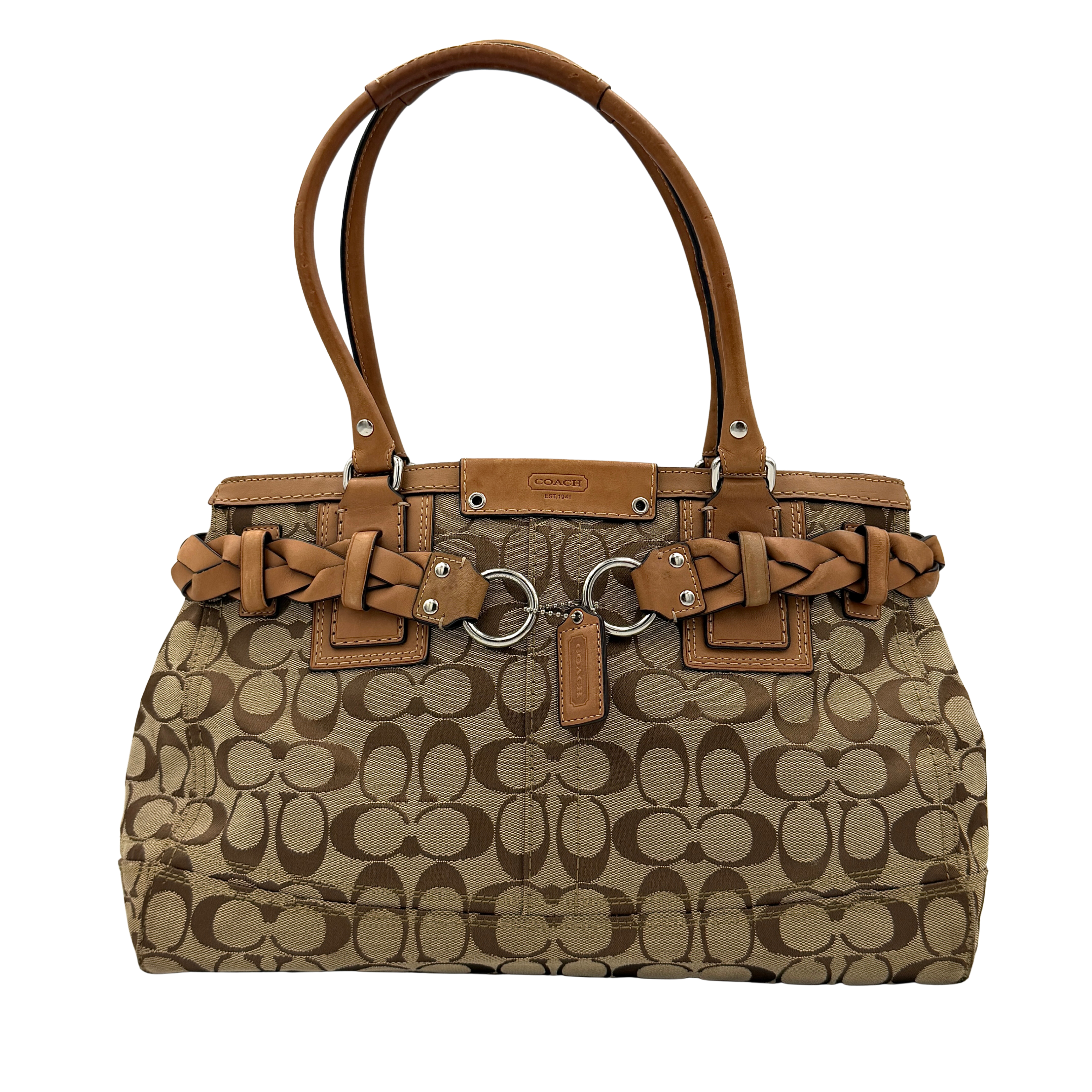 Coach Signature Hampton Carryall Shoulder Bag in beige and tan with braided strap detail and signature pattern.