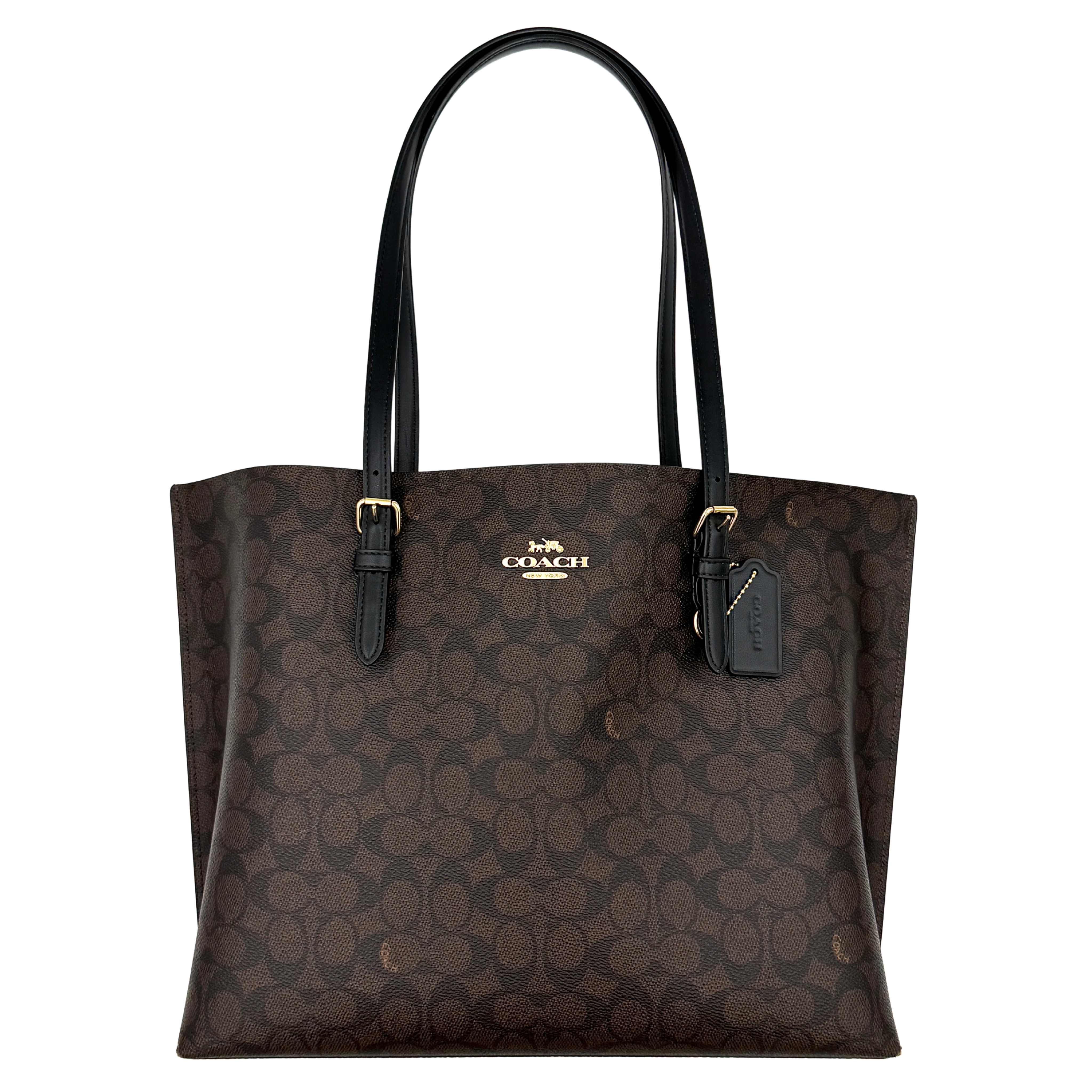 Coach Signature Mollie Tote Bag in brown with iconic pattern, gold-tone logo, and elegant black handles.
