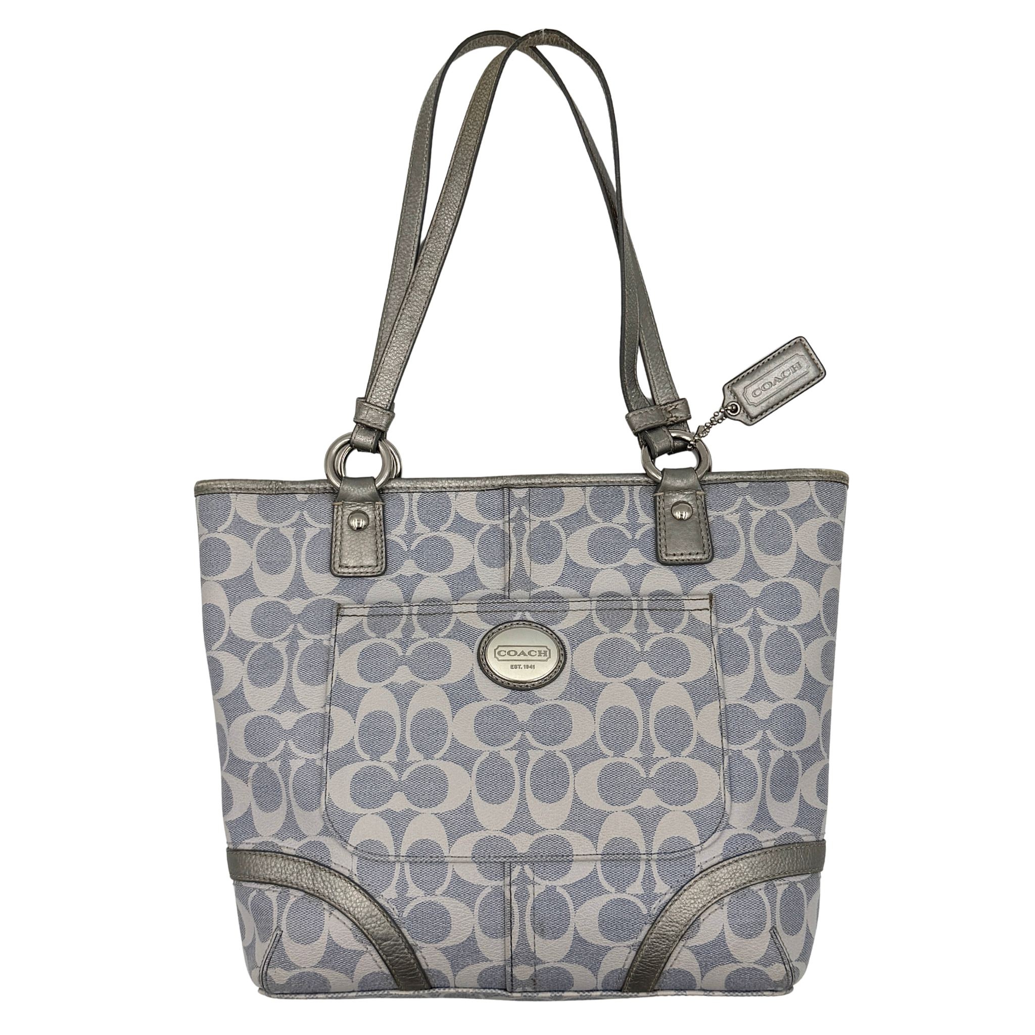 Coach Signature Peyton Heritage tote bag in light blue featuring signature canvas, metallic silver leather trim, silver-tone hardware, logo plaque, and double shoulder straps.