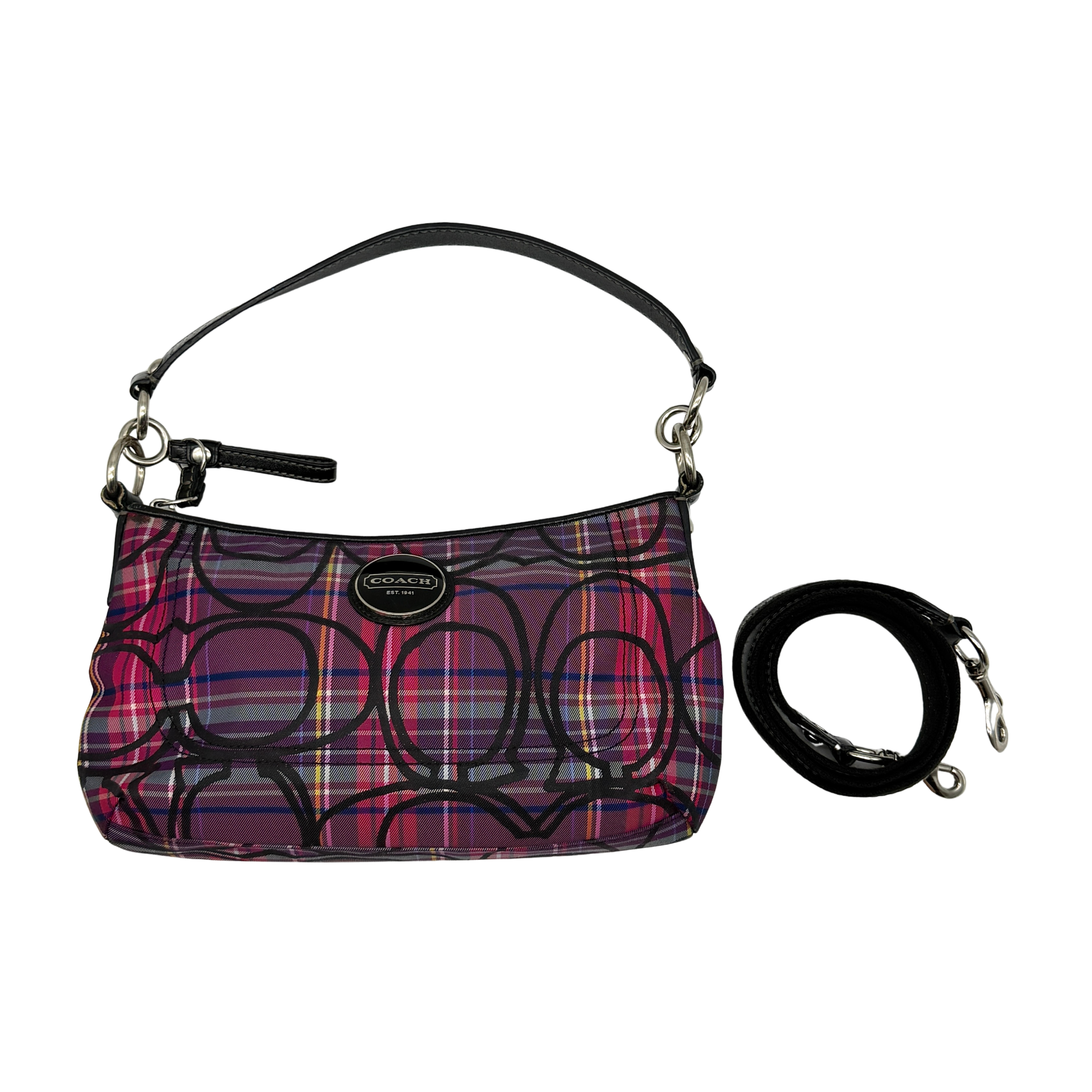 Coach Signature Poppy tartan shoulder bag in multi colour featuring signature C pattern, short shoulder strap, detachable long strap, and zip-top closure