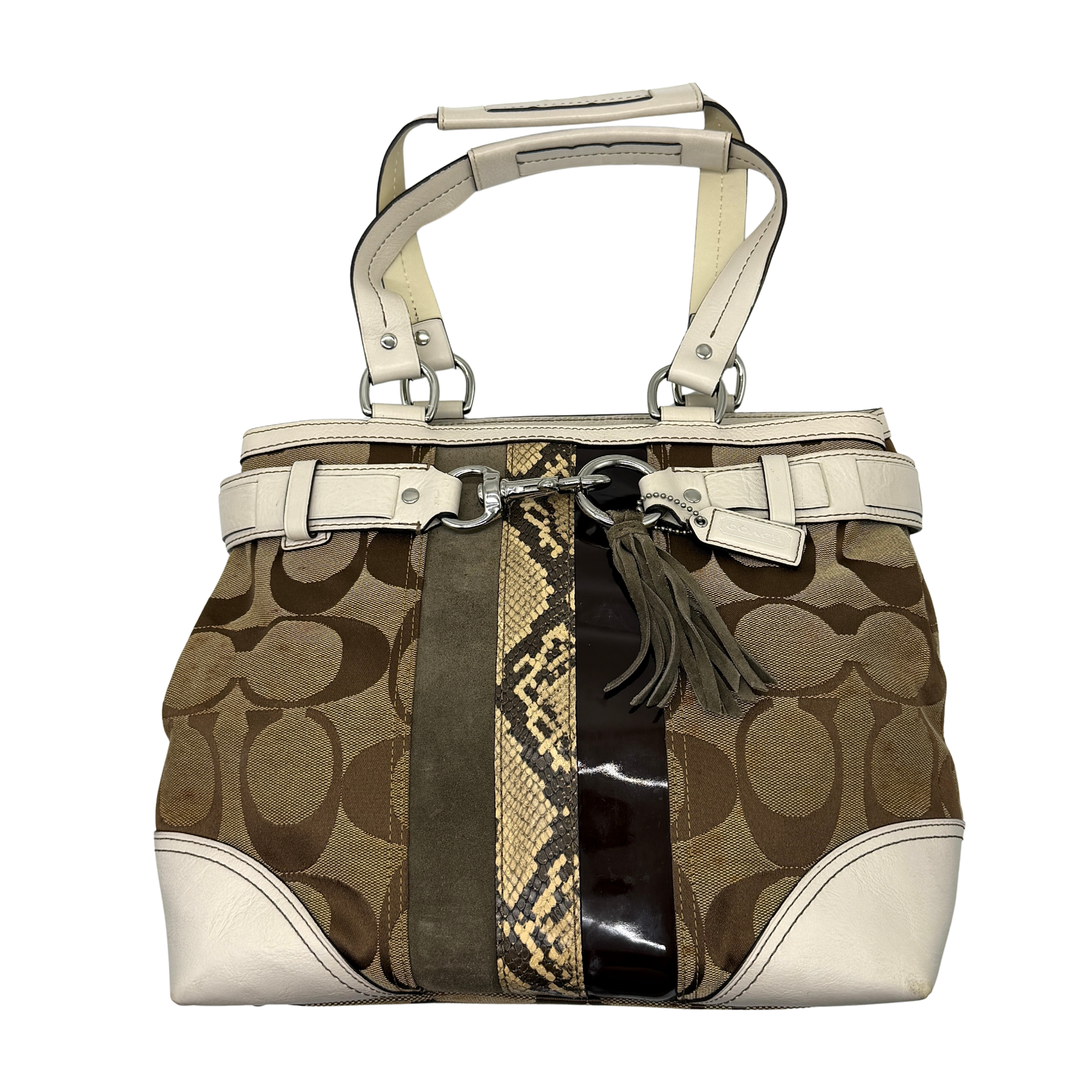 Coach Signature Python Stripe Shoulder Bag with iconic pattern, python stripe, and tassel details.