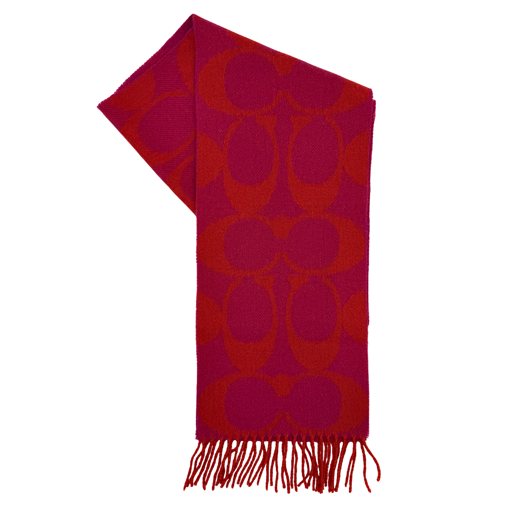 Coach red scarf featuring signature pattern with reversible design and fringe detailing