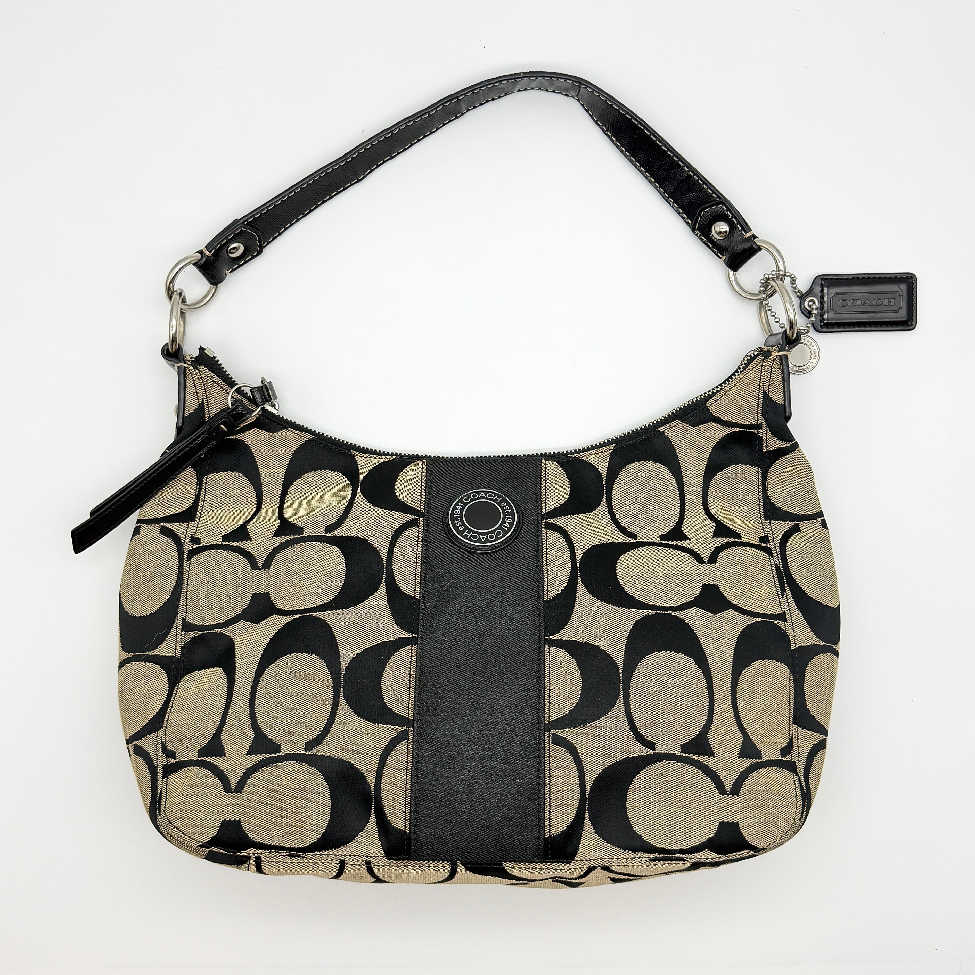 Coach Signature Stripe Preloved Luxury Shoulder Bag in black and grey jacquard with silver hardware.