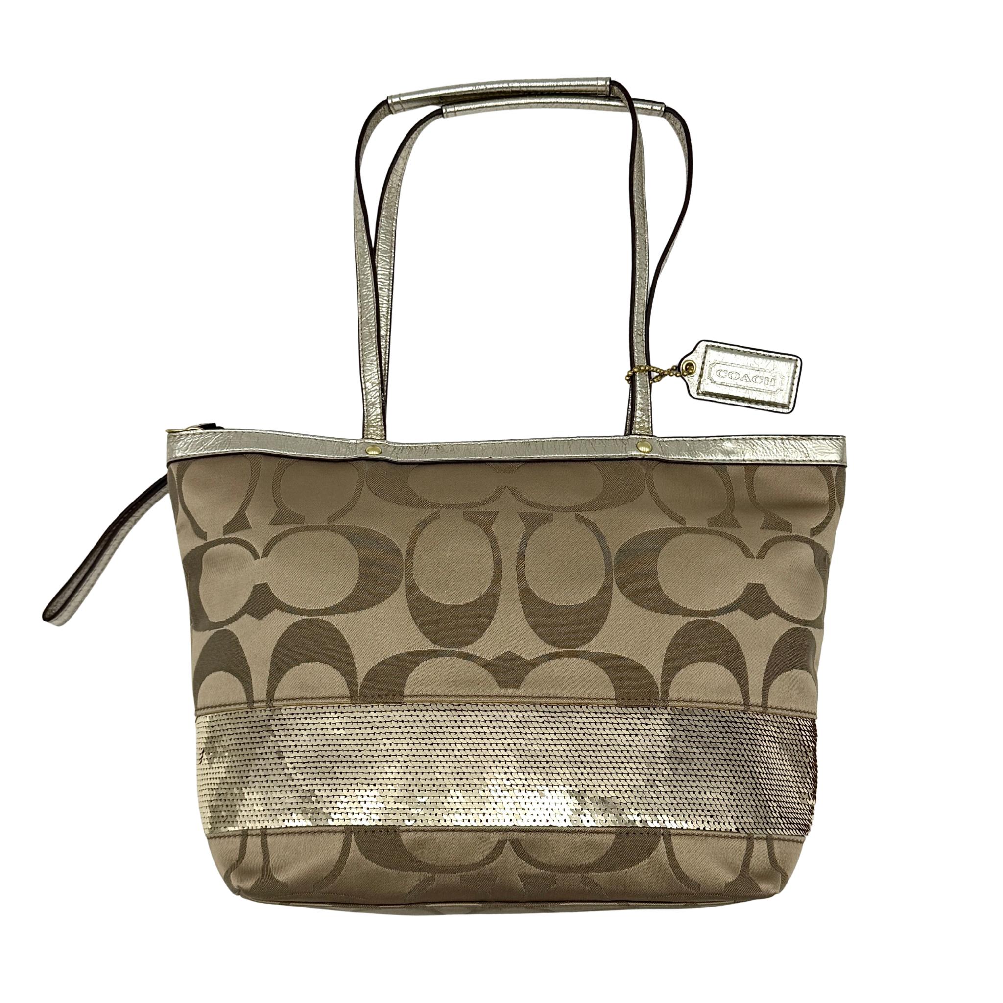 Coach signature stripe tote bag in beige featuring signature canvas, metallic gold stripe panel, metallic shoulder straps, zip-top closure, and Coach logo patch.