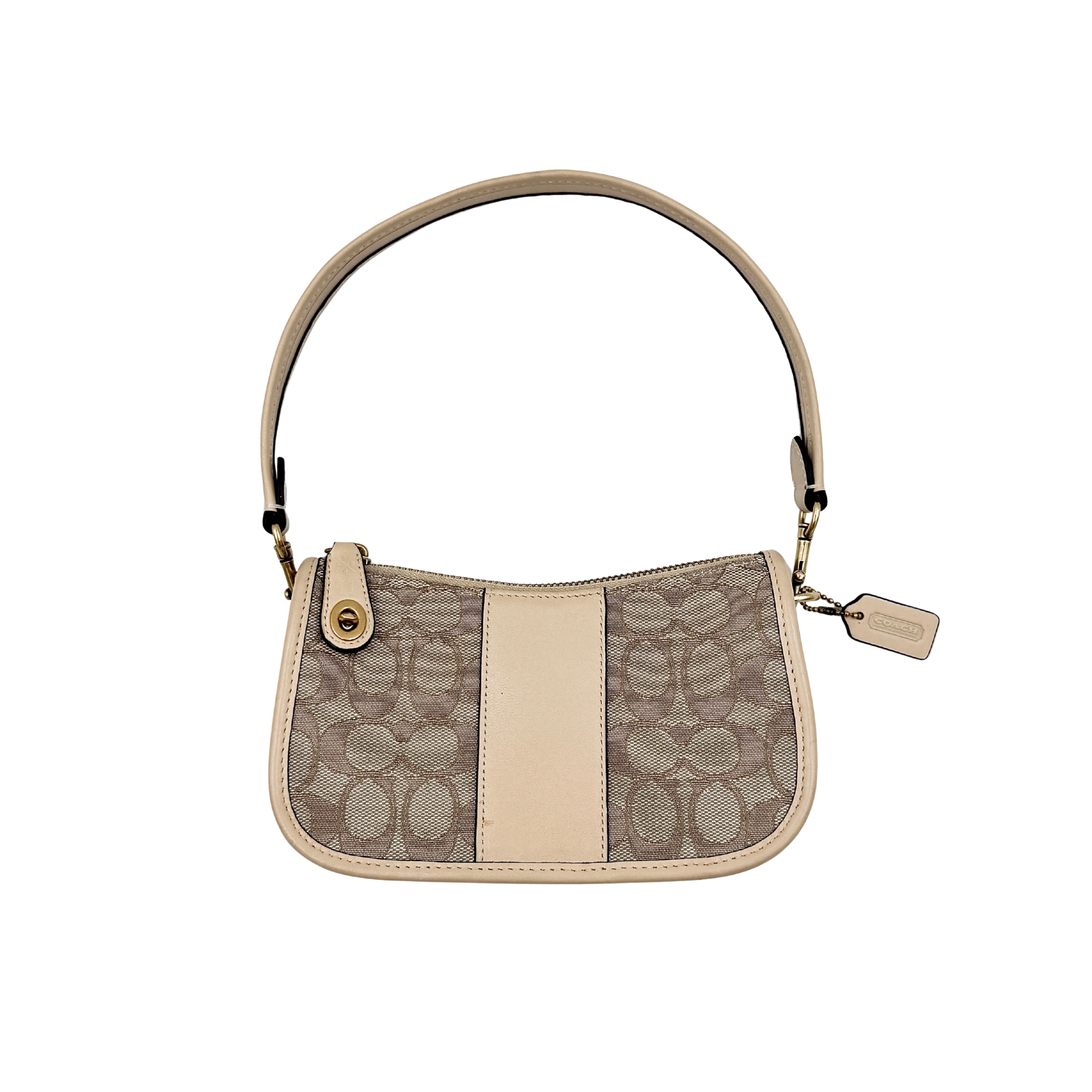 Coach Signature Swinger 20 Shoulder Bag in cream with iconic pattern and compact design