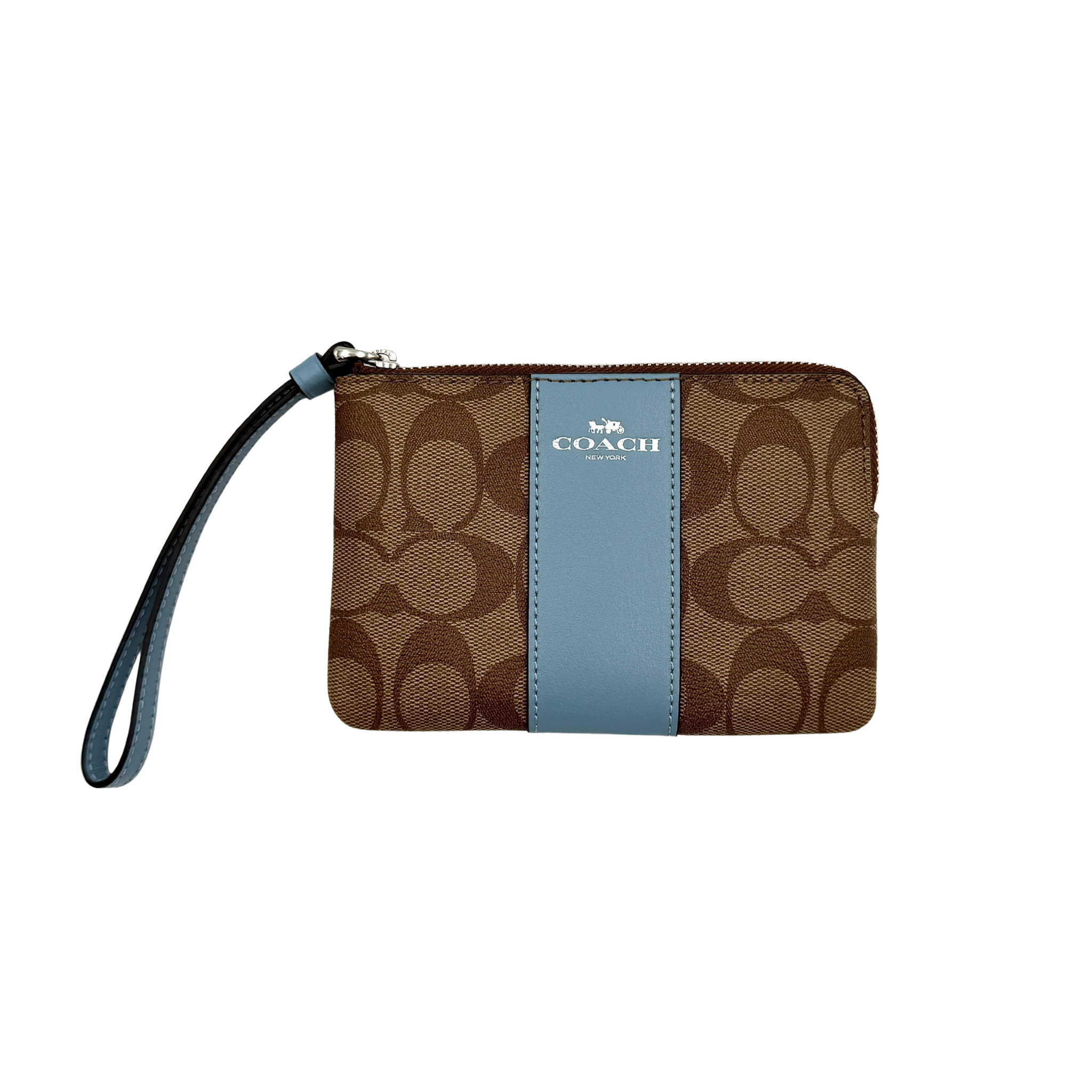 Coach wristlet in light blue and beige with signature stripe pattern and a wristlet strap