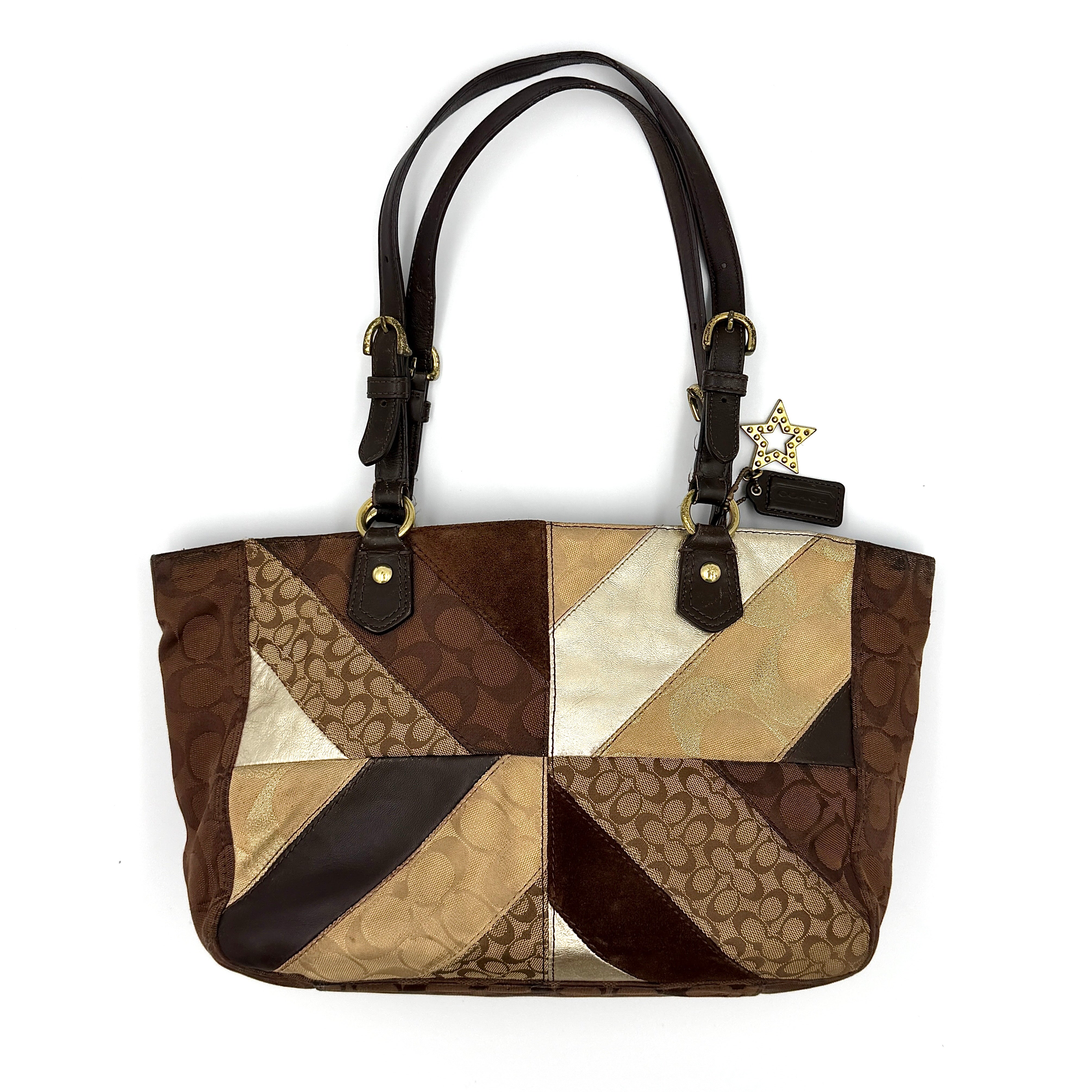 Coach Y2K Chevron Patchwork Tote Bag in brown multicolor with mixed materials and gold-tone hardware, pre-loved luxury.