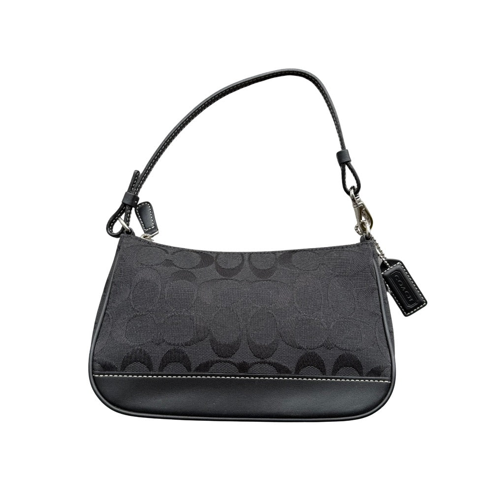 Coach Y2K Demi Shoulder Bag in black with signature pattern, featuring a minimalist silhouette and shoulder strap.