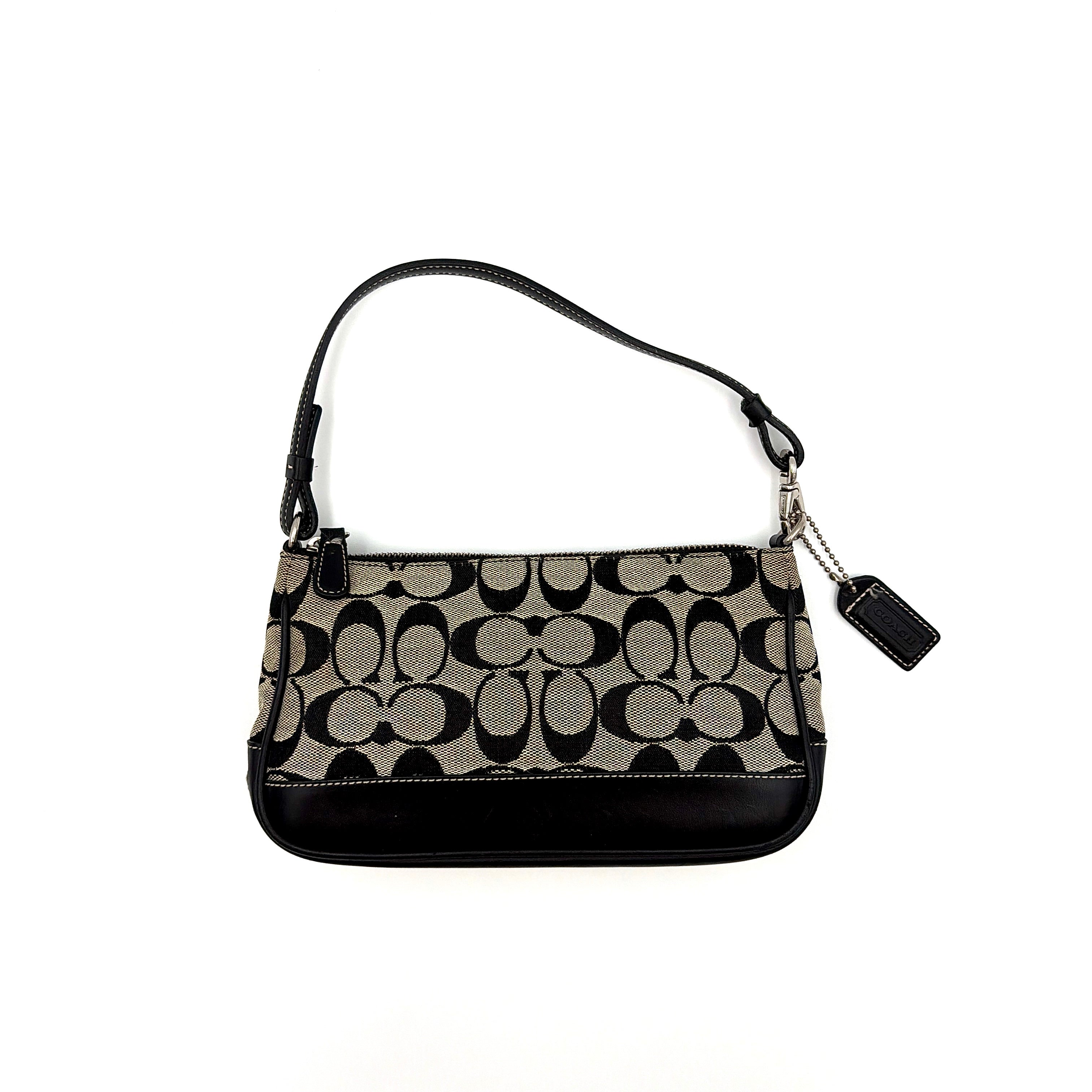 Coach Y2K Demi Shoulder Bag in black and grey signature jacquard with leather trim and silver-tone hardware.