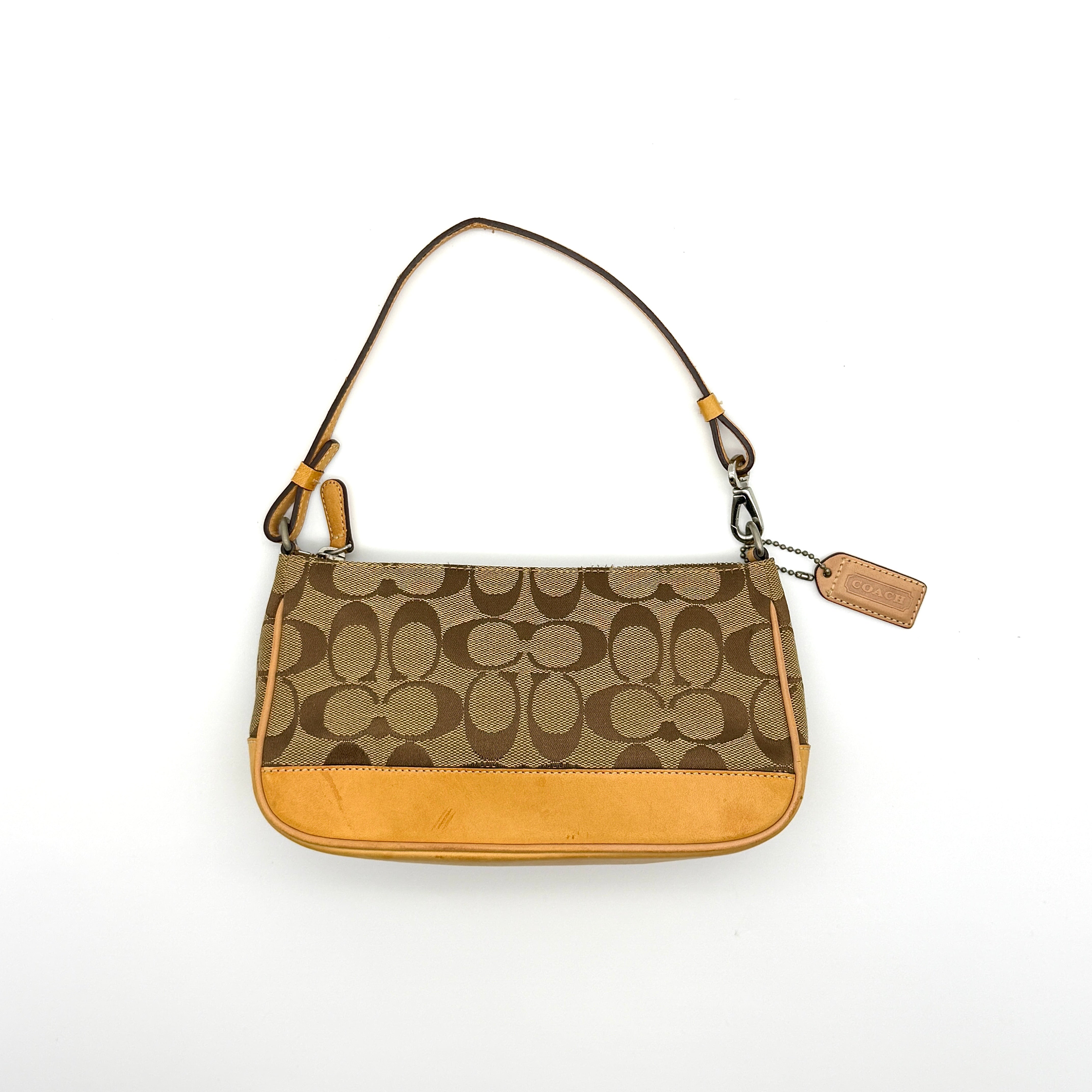 Coach Y2K Demi Shoulder Bag Tan, signature monogram canvas with tan leather trim and silver hardware.