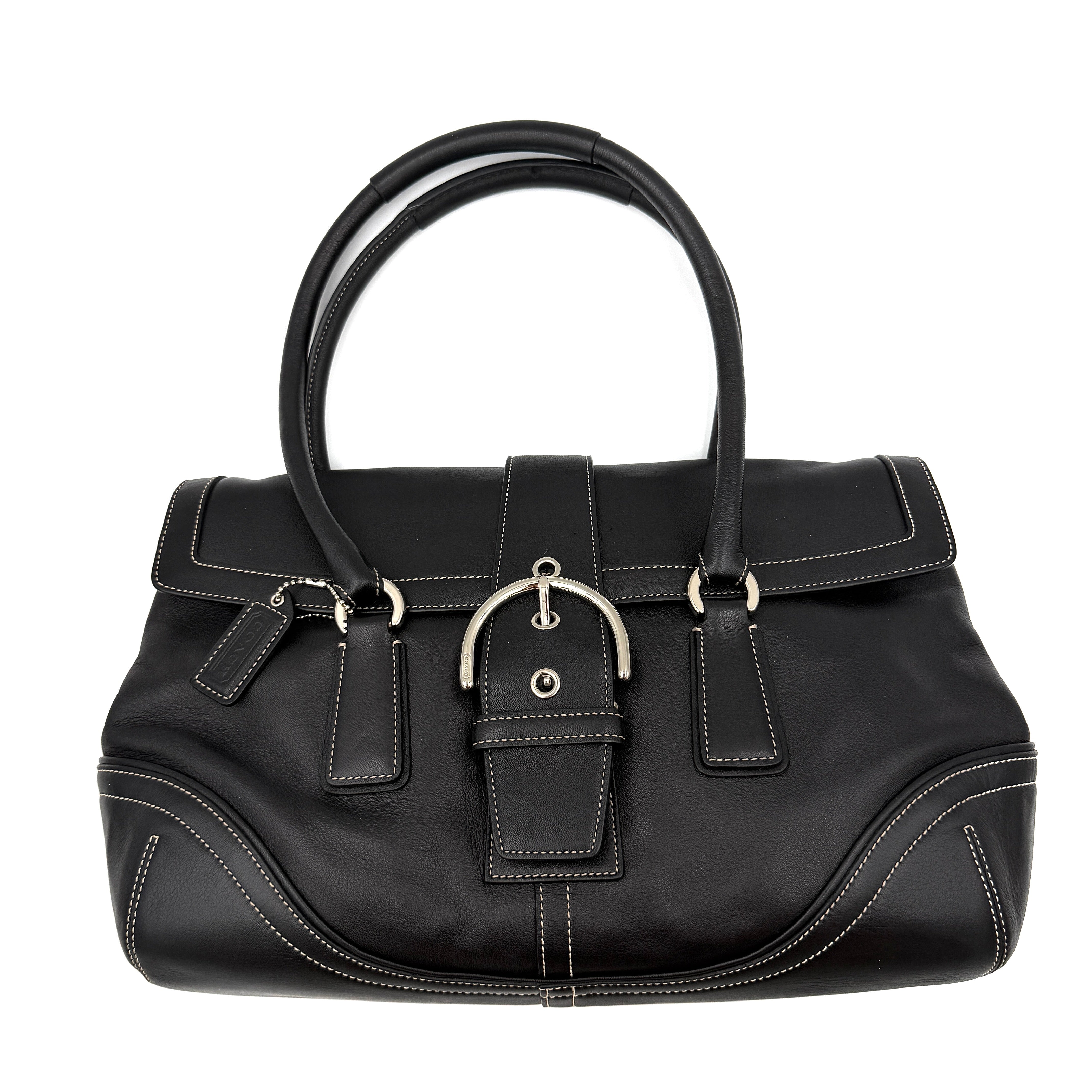 Coach black Hampton Soho shoulder bag with contrasting stitching, silver-tone hardware, dual handles, and flap closure.