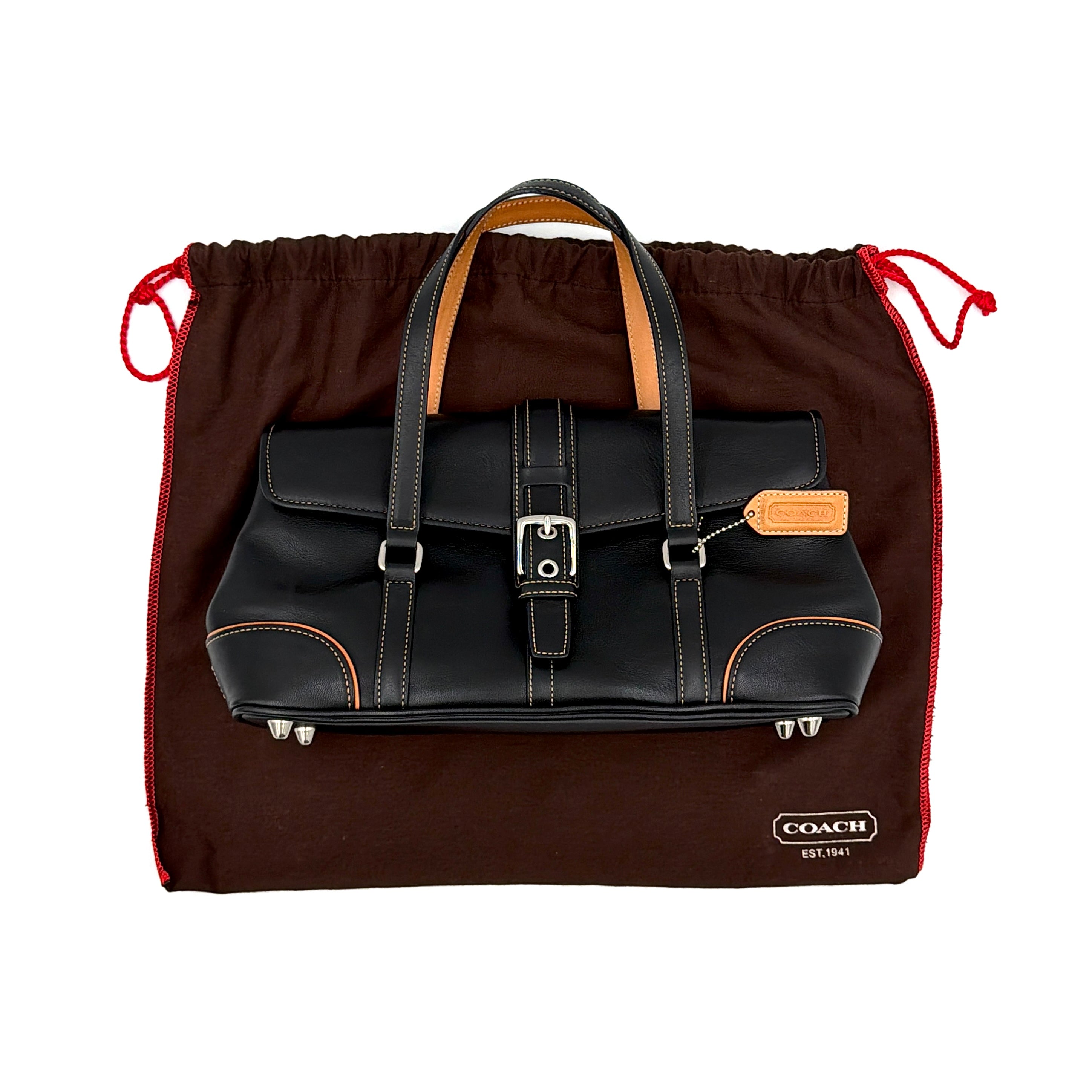 Coach Y2K Hamptons Satchel Shoulder Bag in black leather with tan contrast piping and silver-tone hardware.