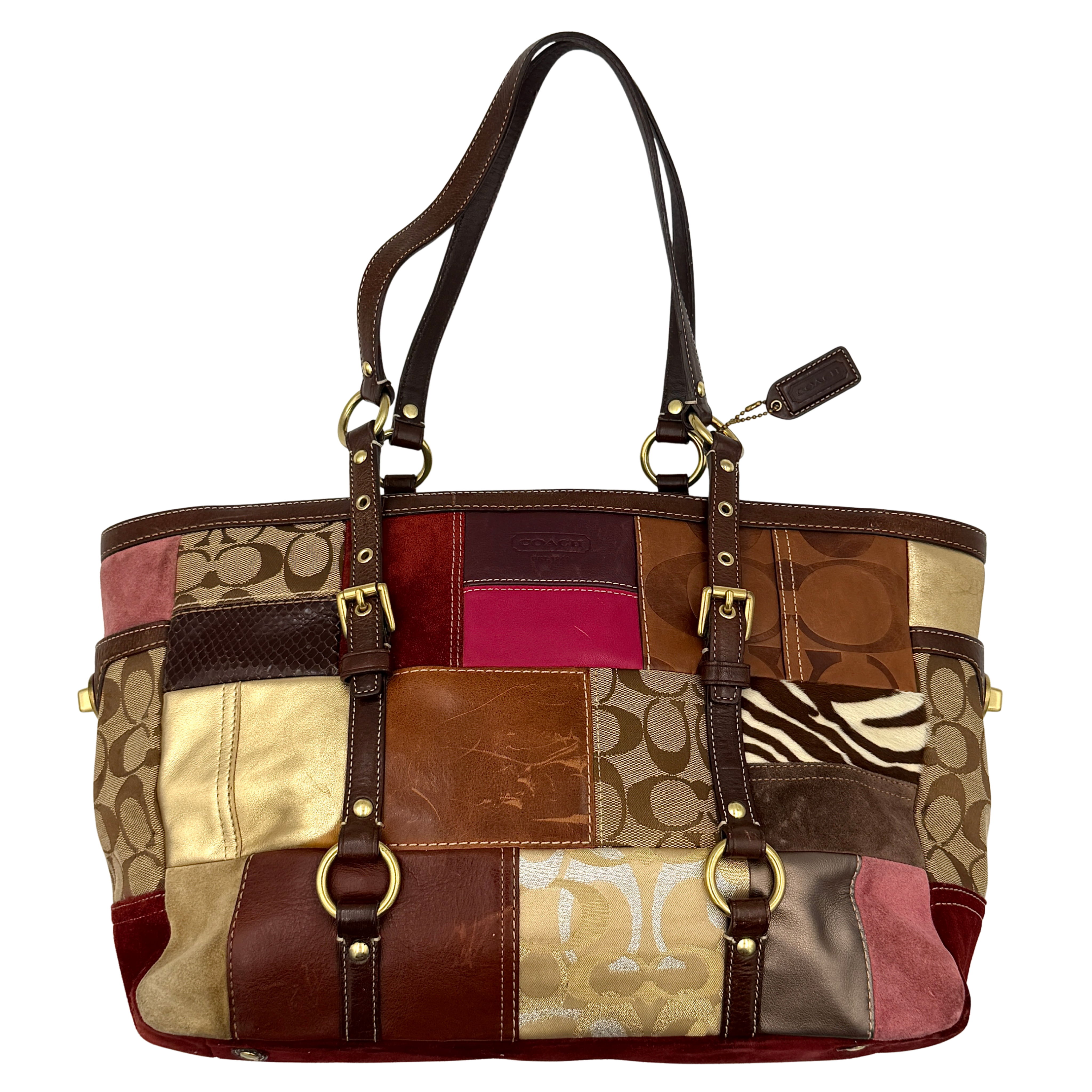 Coach Y2K Holiday Patchwork Tote Bag featuring a multicolor patchwork design with dual handles and striking patterns