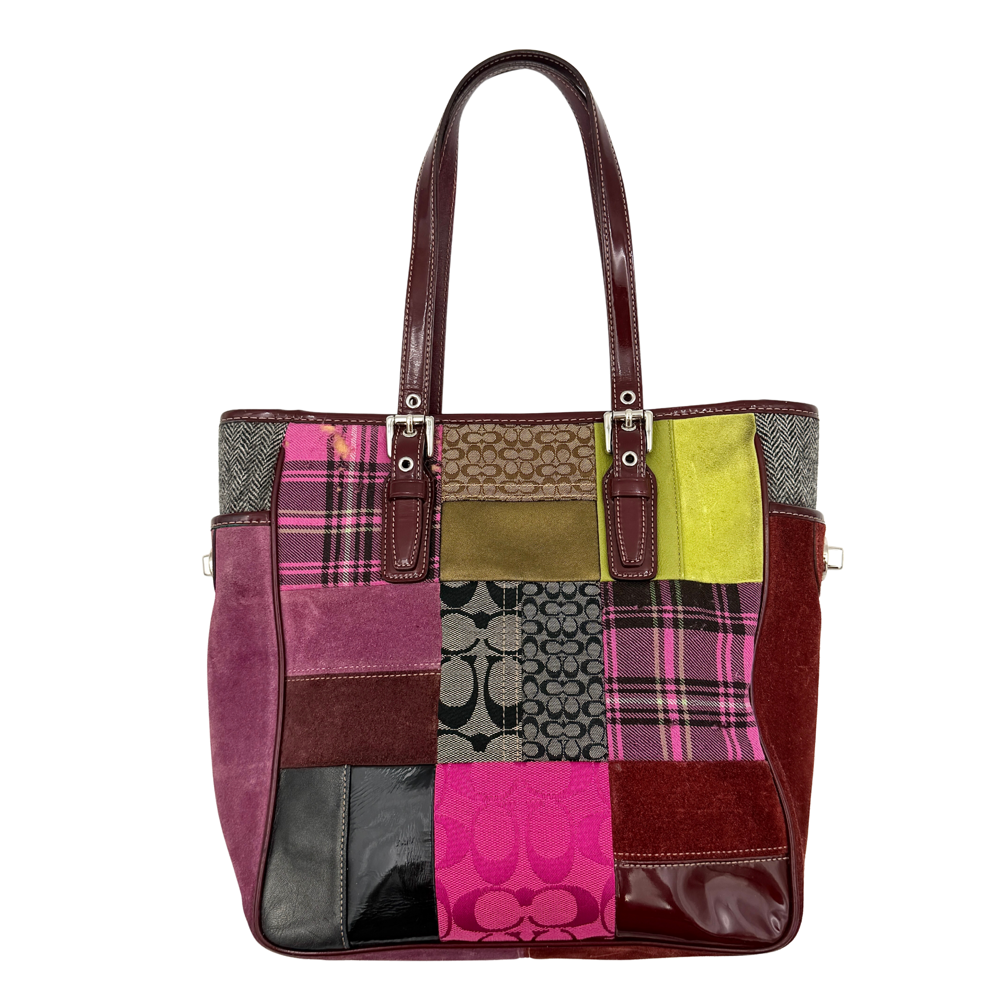 Coach Y2K multicolor patchwork tote bag featuring a mix of textures and colors with dual handles and spacious design.