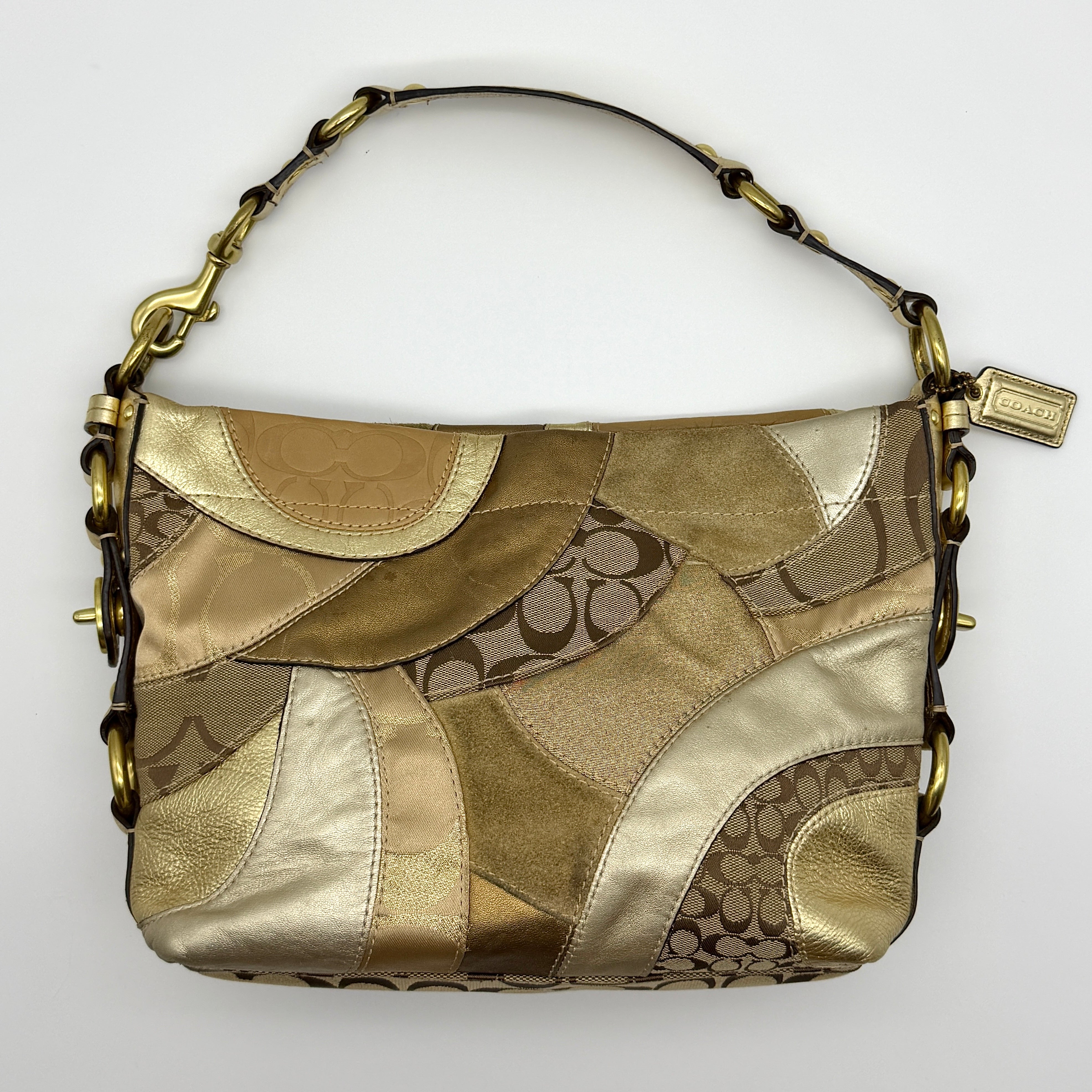 Coach Y2K Signature Carly Patchwork Preloved Luxury Shoulder Bag in beige and gold with metallic leather and jacquard swirl design.