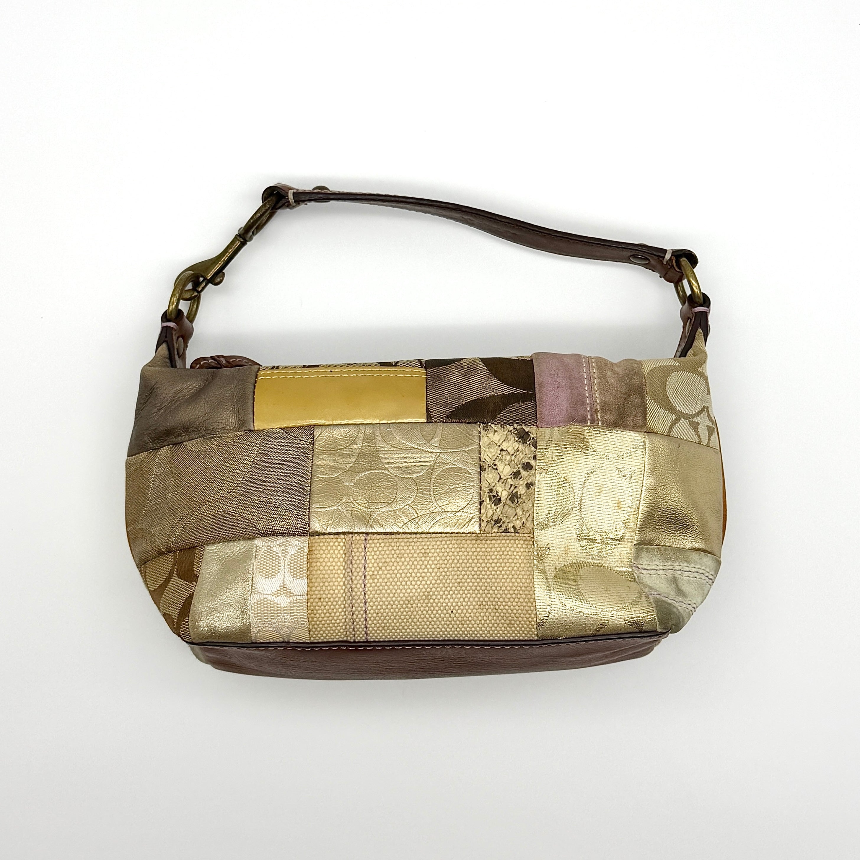 Coach Y2K Signature Mini Hobo Preloved Luxury Patchwork Shoulder Bag in multicolor satin, metallic leather and jacquard with brass hardware.