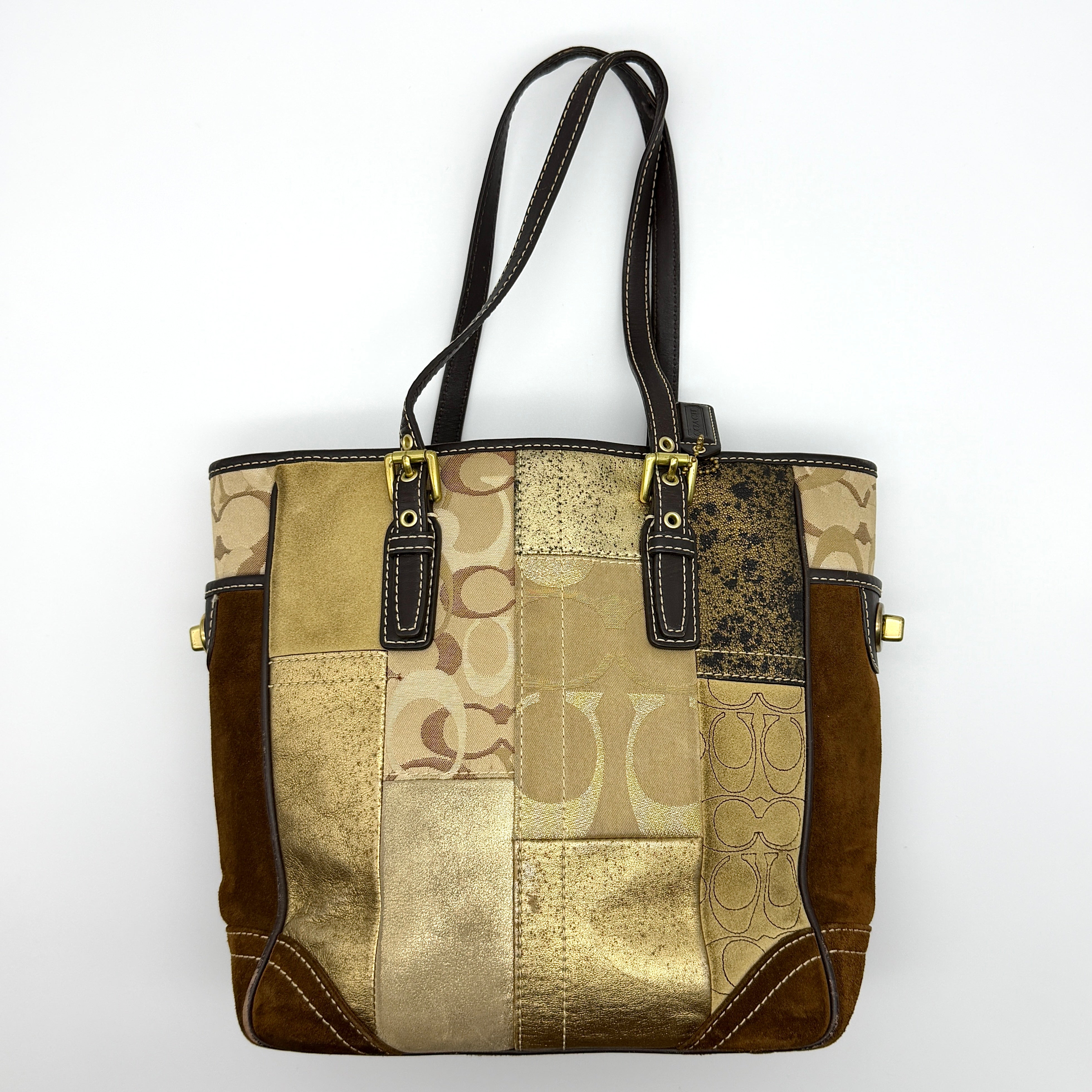 Coach Y2K Signature Patchwork Preloved Luxury Tote Bag in gold and brown mix leather, suede, and jacquard with brass hardware.