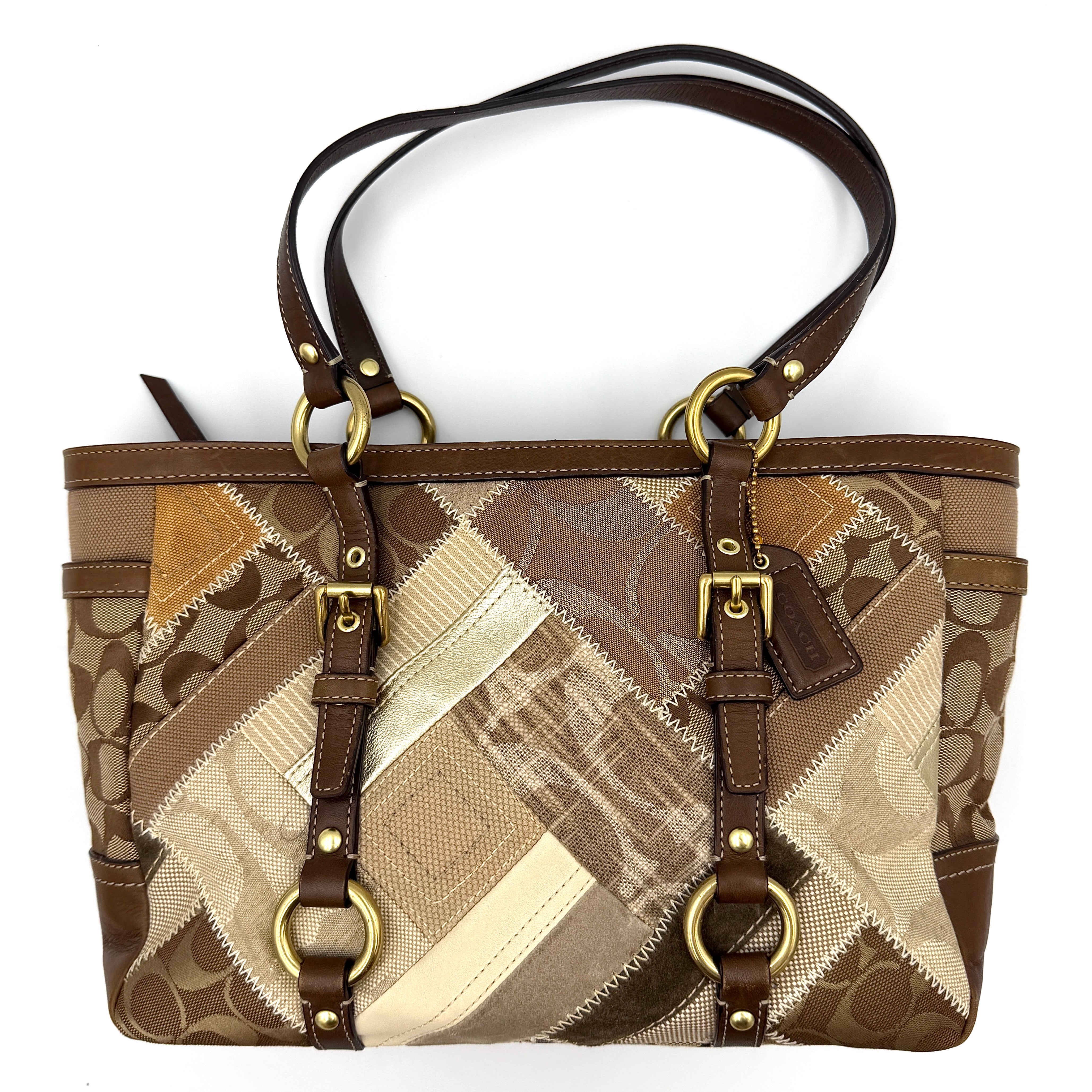 Coach Y2K Signature Patchwork Tote Bag featuring brown multicolor patchwork and elegant buckle details
