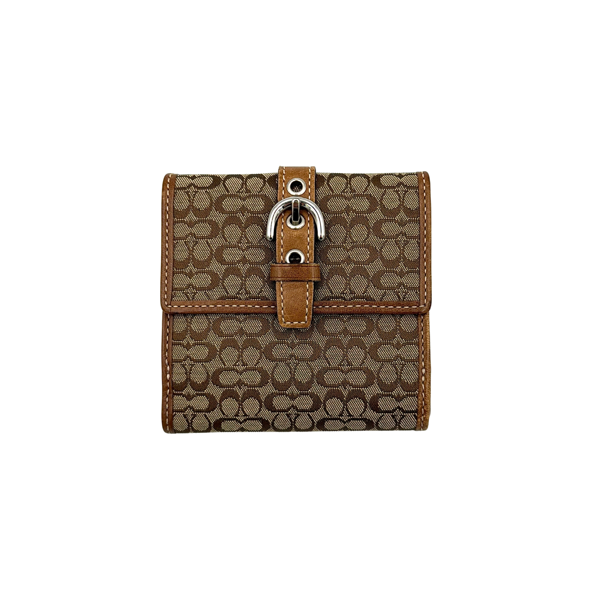 Coach Y2K signature canvas mini wallet in beige with tan leather trim and buckle strap, shown with interior compartments and coin pocket.
