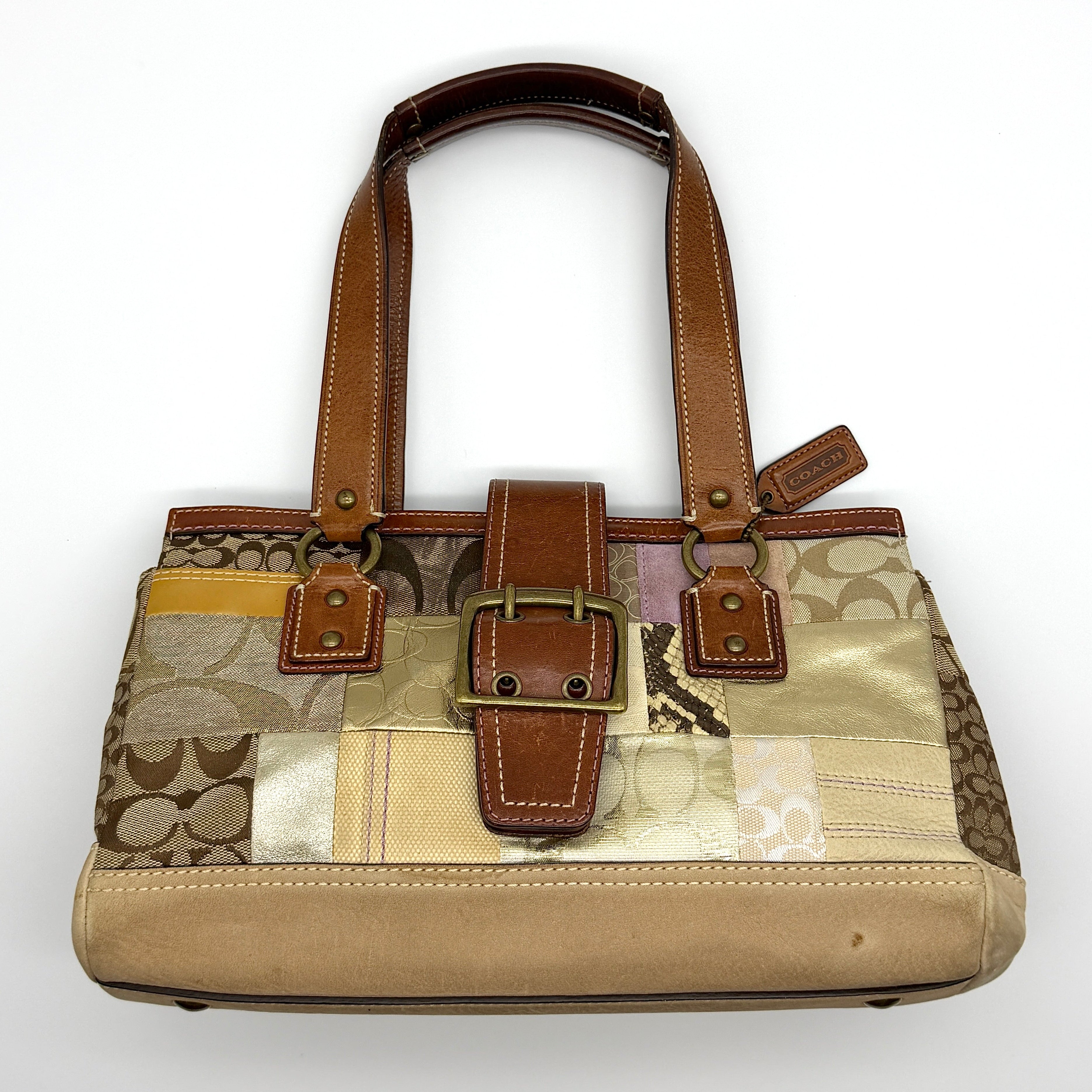 Coach Y2K Signature Soho Patchwork Preloved Luxury Shoulder Bag in brown and gold with leather handles and buckle front.