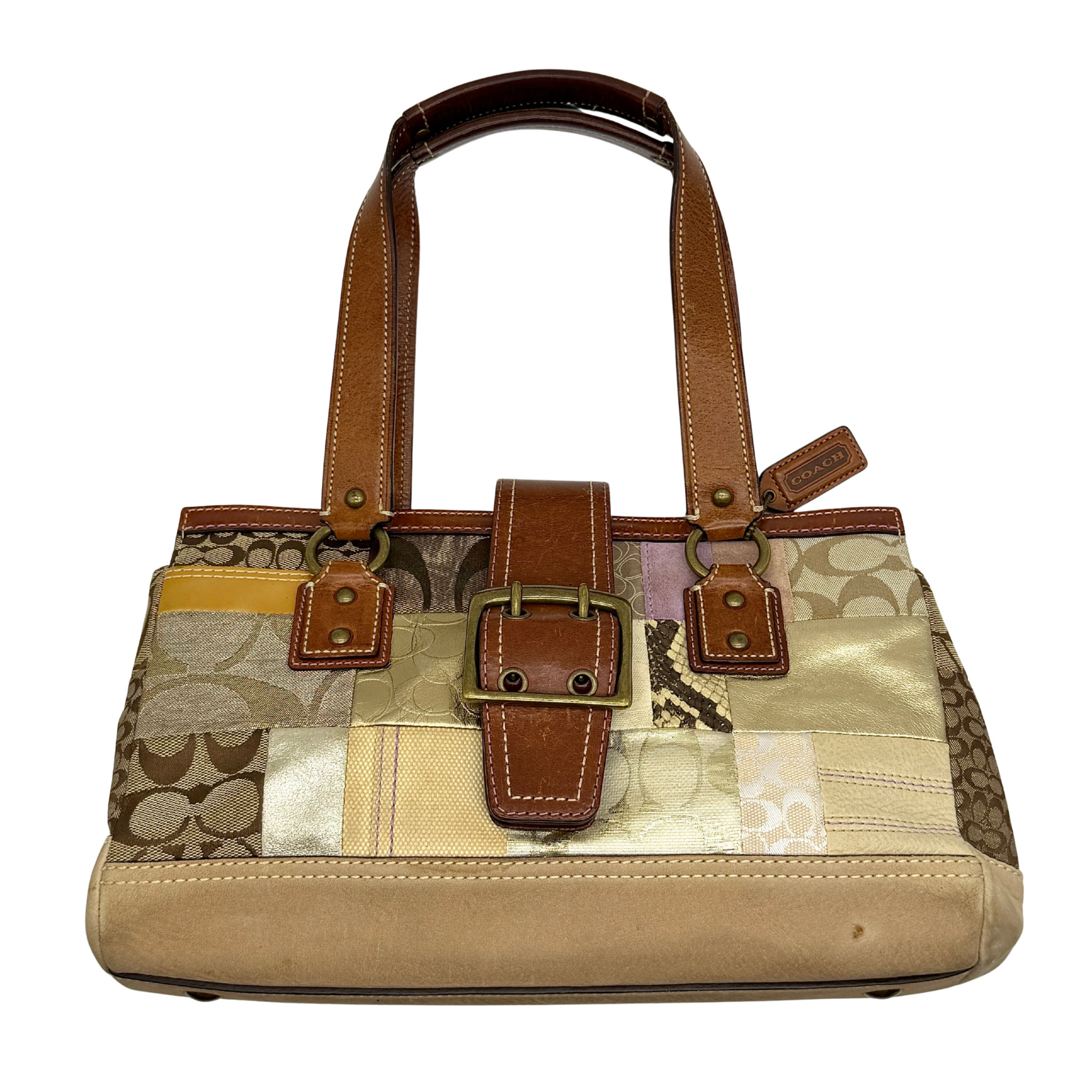 Coach Y2K Signature Soho Patchwork Shoulder Bag featuring brown and gold patchwork design with structured silhouette and dual straps