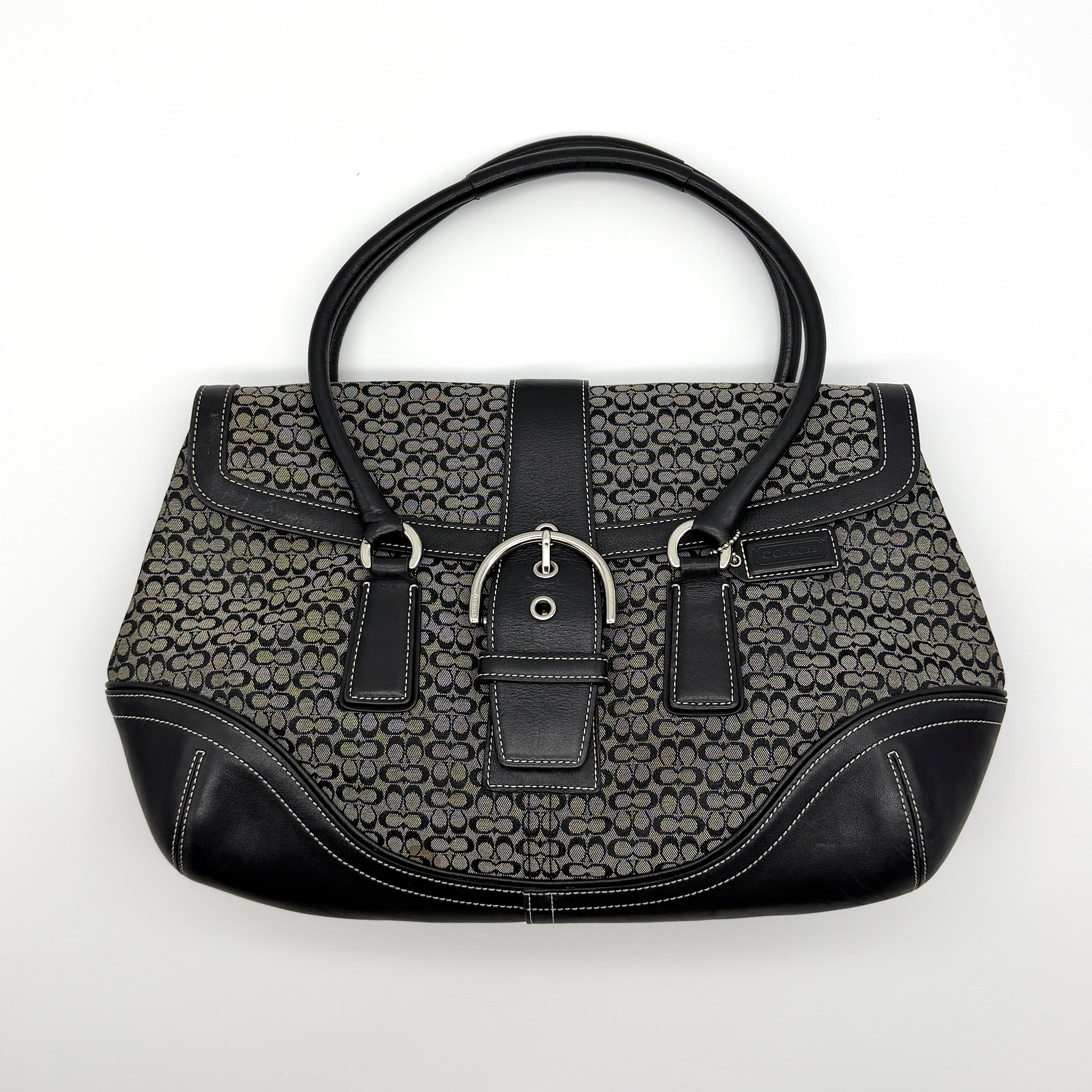 Coach Y2K Signature Soho Preloved Luxury Shoulder Bag in grey and black jacquard with black leather trim and silver-tone hardware.