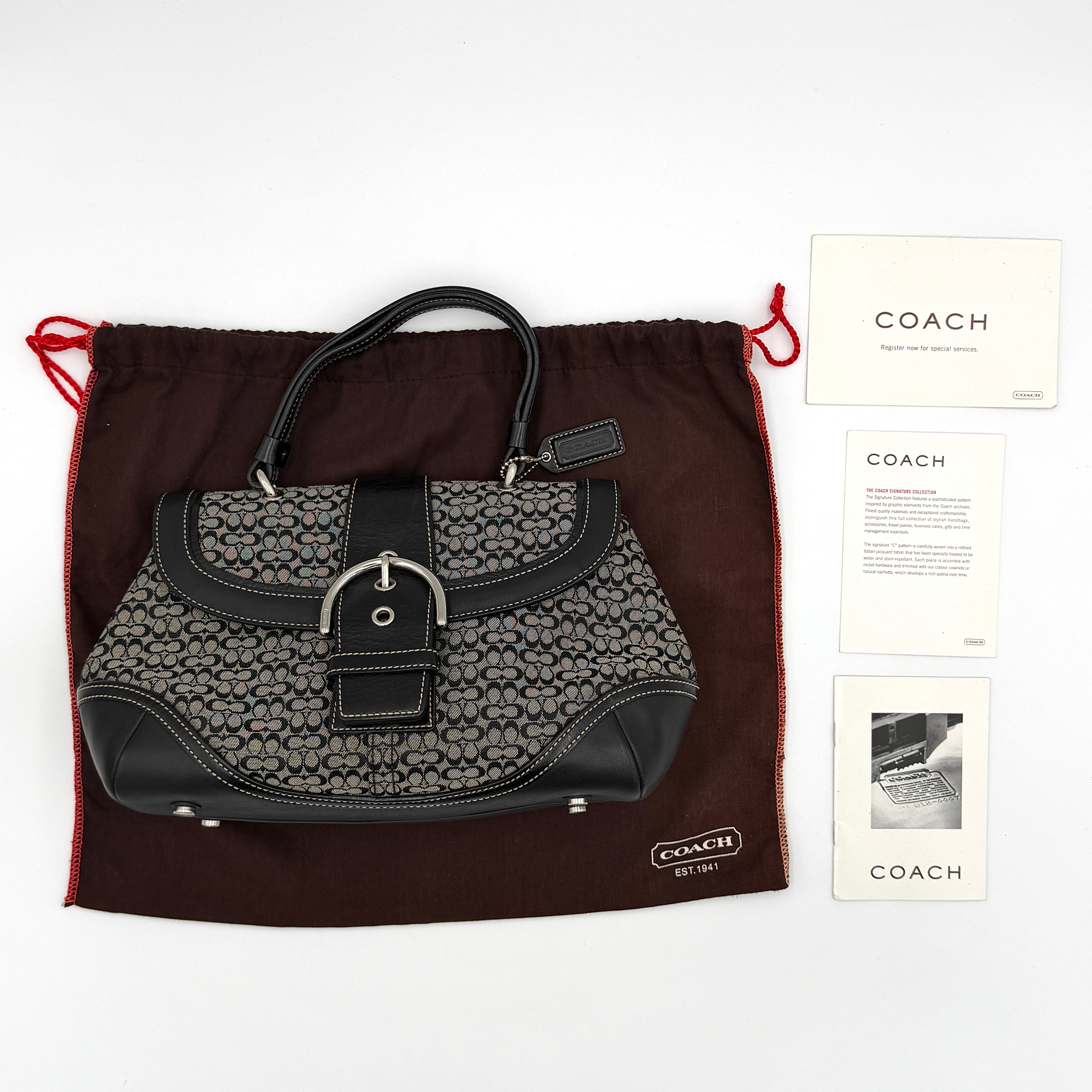 Coach Y2K Signature Soho Shoulder Bag in grey monogram canvas with black leather trim and silver-tone buckle closure