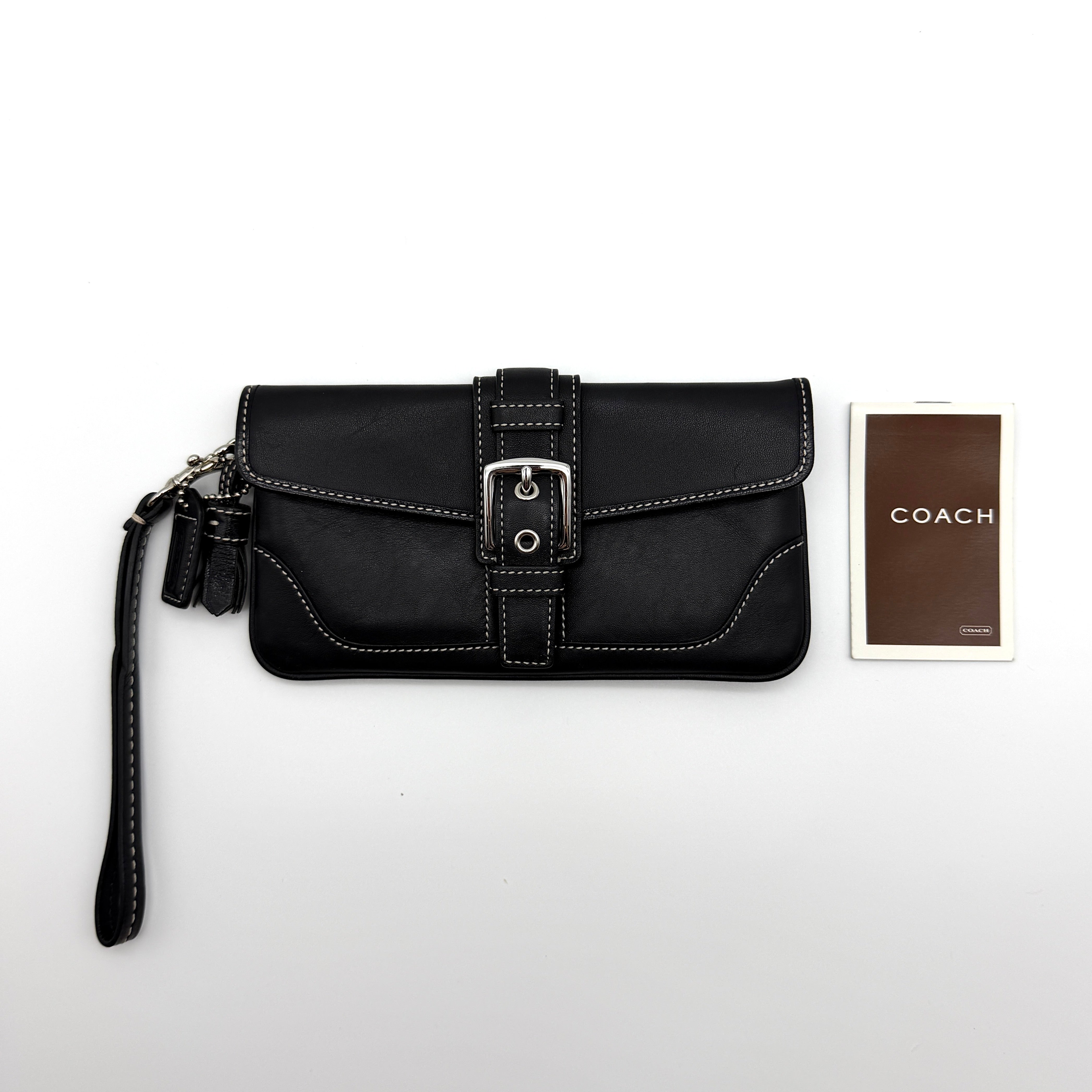 Coach Y2K Soho Buckle Flap Preloved Luxury Wristlet in black leather with silver-tone hardware and contrast stitching.