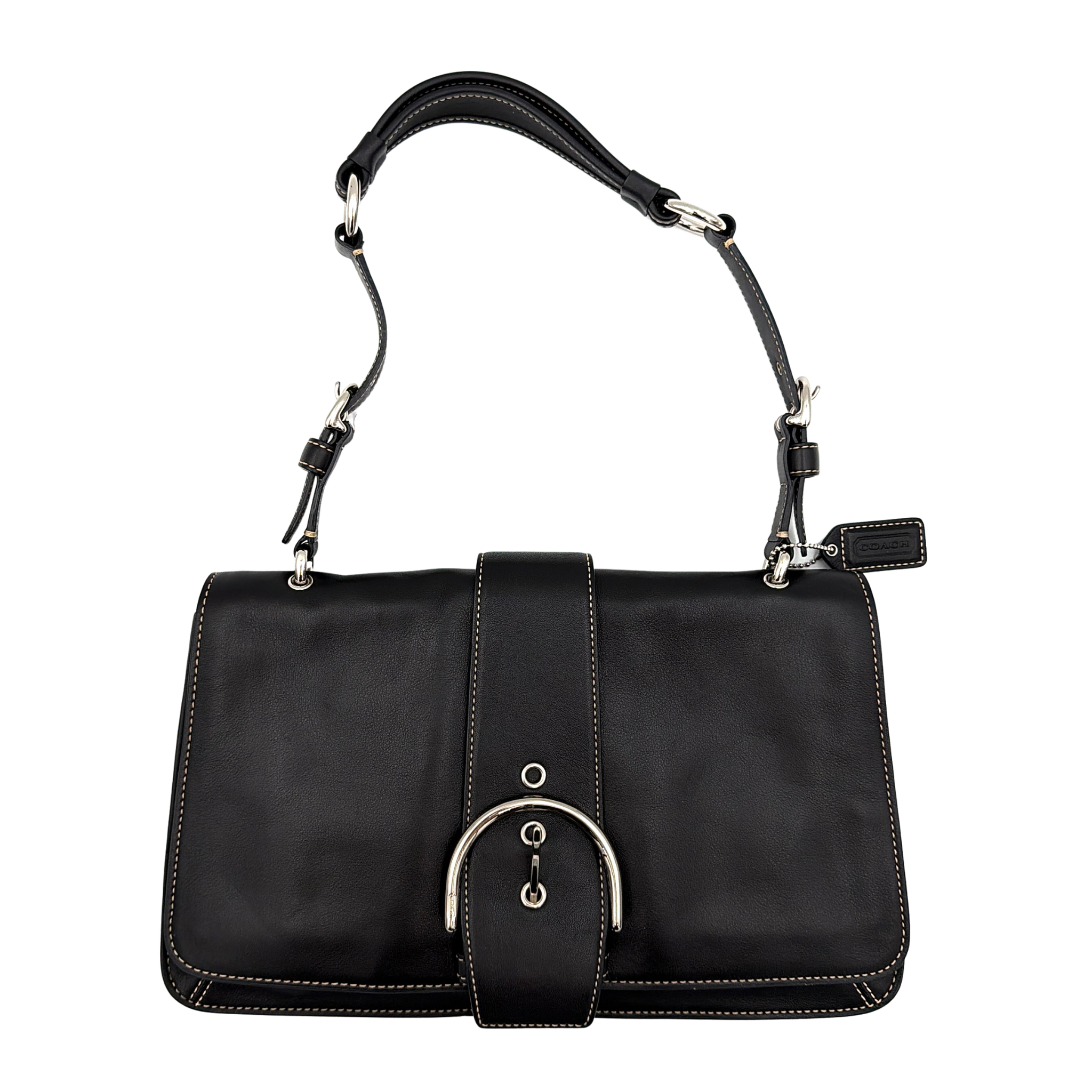 Coach Y2K Soho buckle shoulder bag in black featuring structured flap design, curved metal buckle closure, and short shoulder strap
