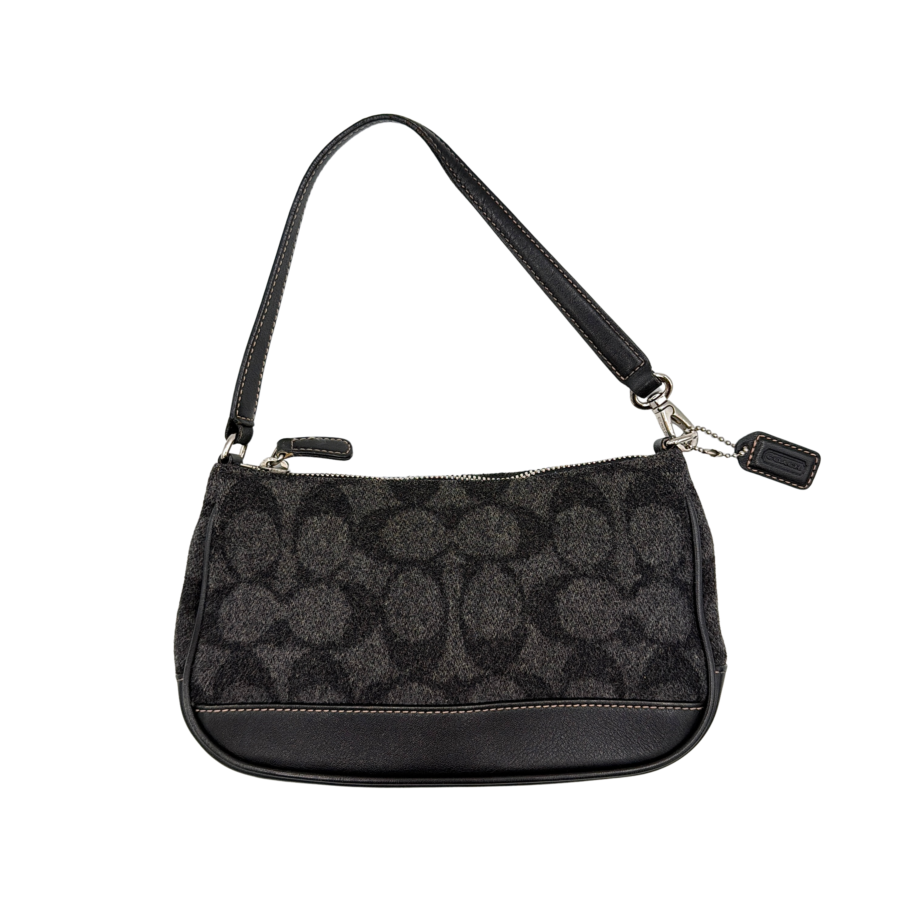 Coach Y2K Demi shoulder bag in black and grey featuring signature patterned fabric, curved silhouette, and short shoulder strap