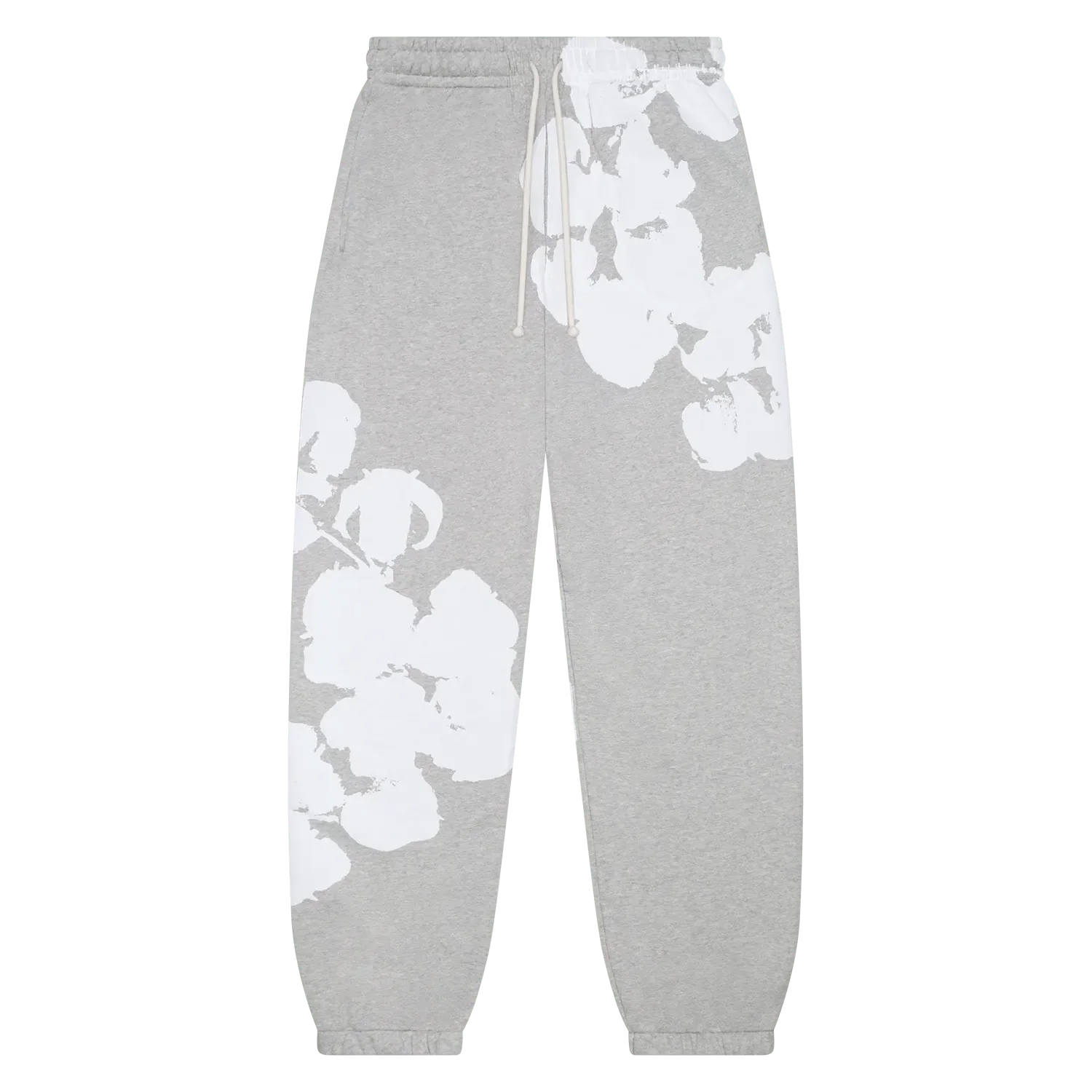 Denim Tears grey sweatpants with white cotton wreath design, featuring an elastic waistband and relaxed fit.