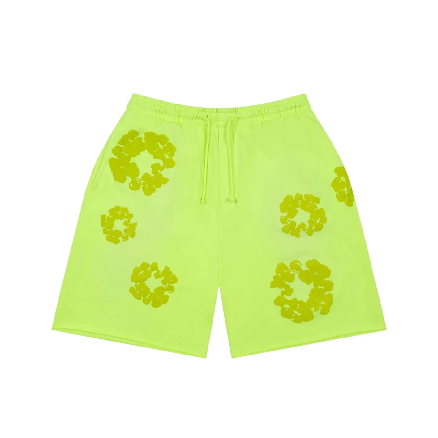 Denim Tears neon green sweat shorts with a cotton wreath pattern, featuring a relaxed fit and elastic waistband.