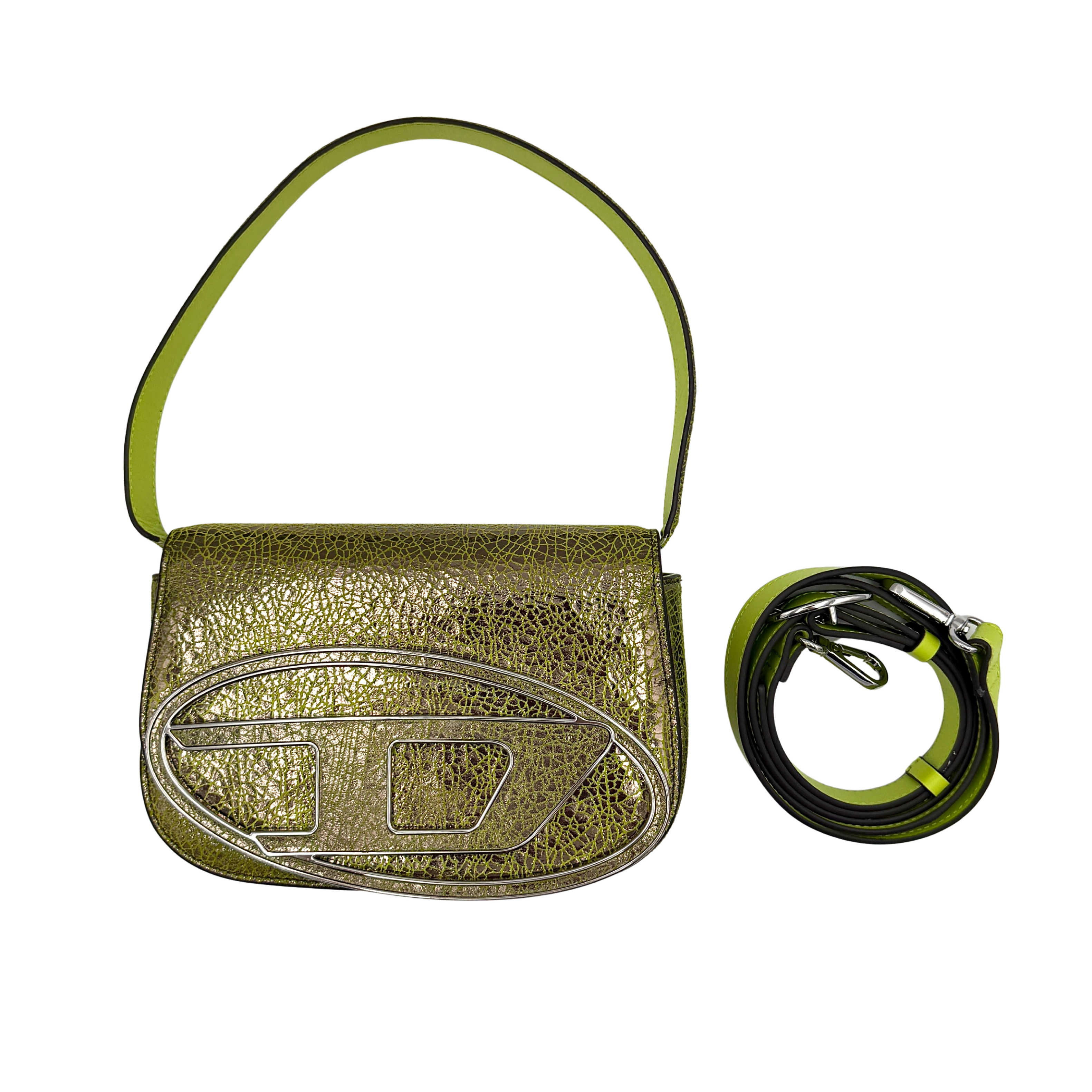Diesel 1DR 2-way shoulder bag in green featuring structured flap front, raised 1DR logo detail, top handle, and detachable long strap