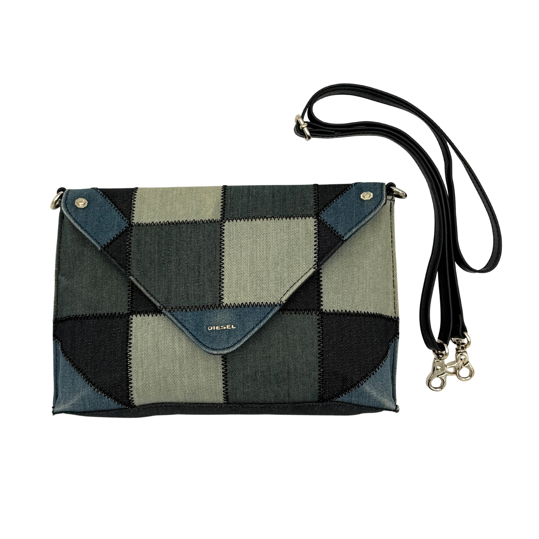 Diesel 2Way denim patchwork shoulder bag featuring mixed-tone denim panels, envelope flap design, subtle Diesel logo, and detachable strap for shoulder or clutch styling.