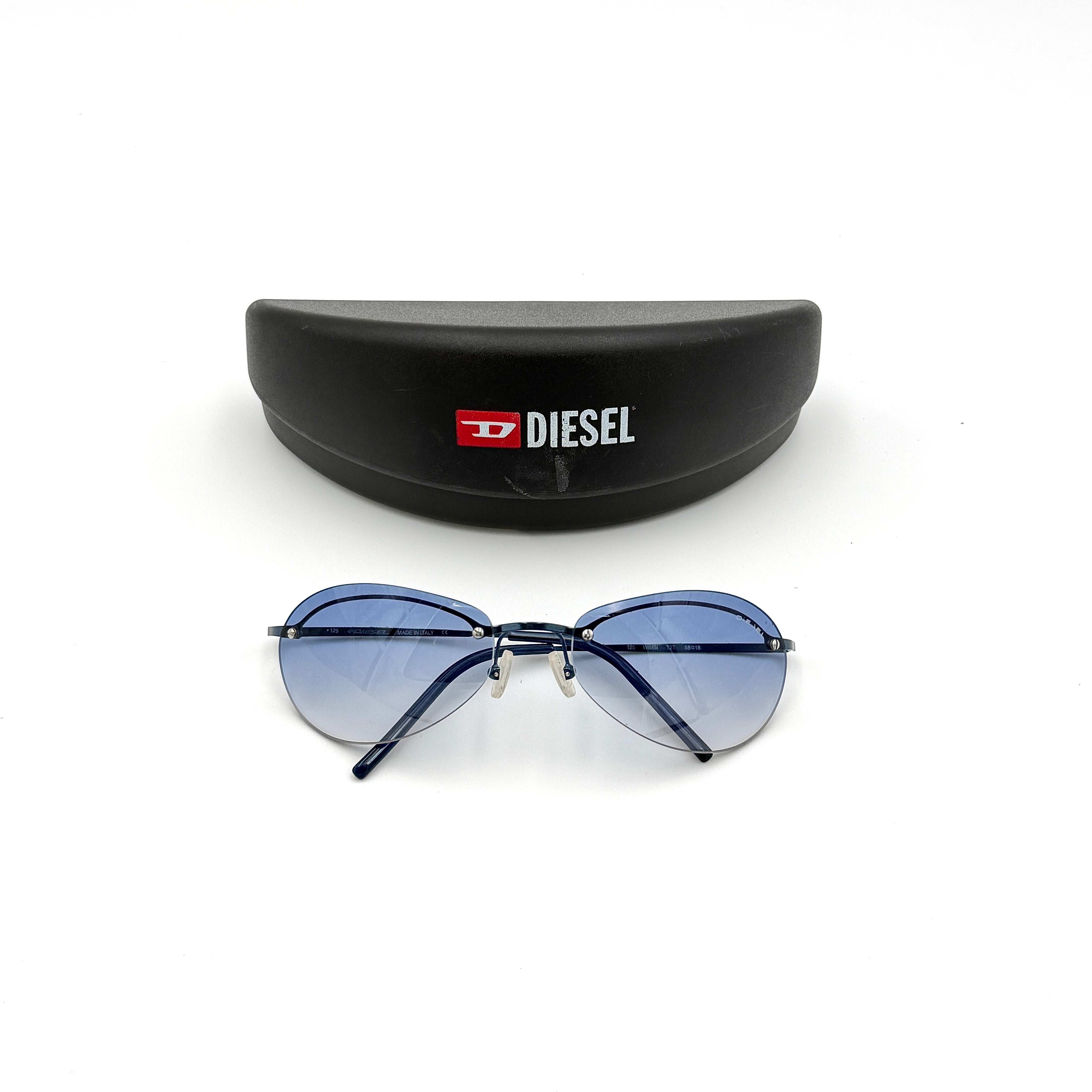 Diesel Blue Gradient Preloved Sunglasses with frameless oval lenses and navy temples.