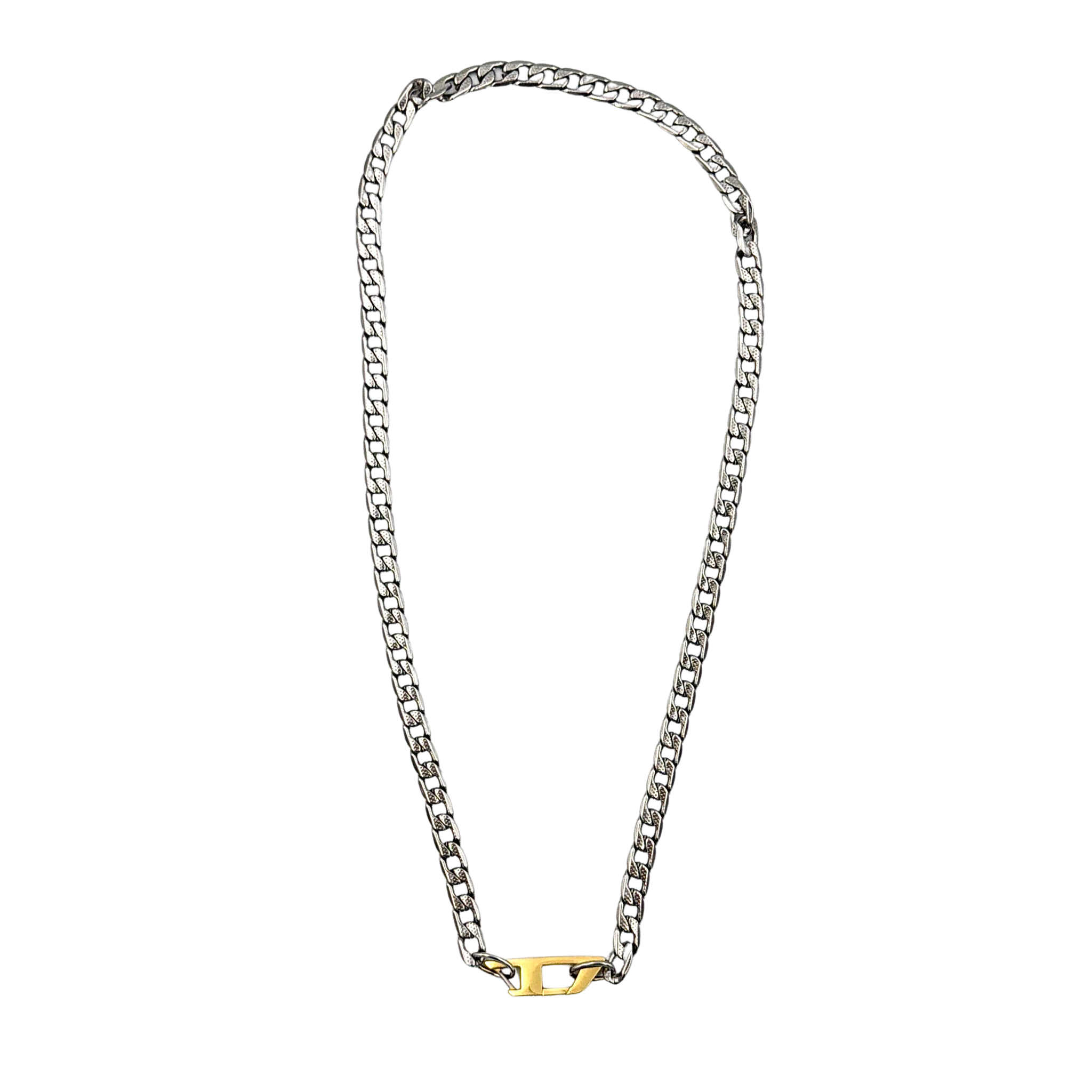 Diesel stainless steel curb chain necklace with gold D-logo clasp, shown laid flat with close-up of the clasp detail.
