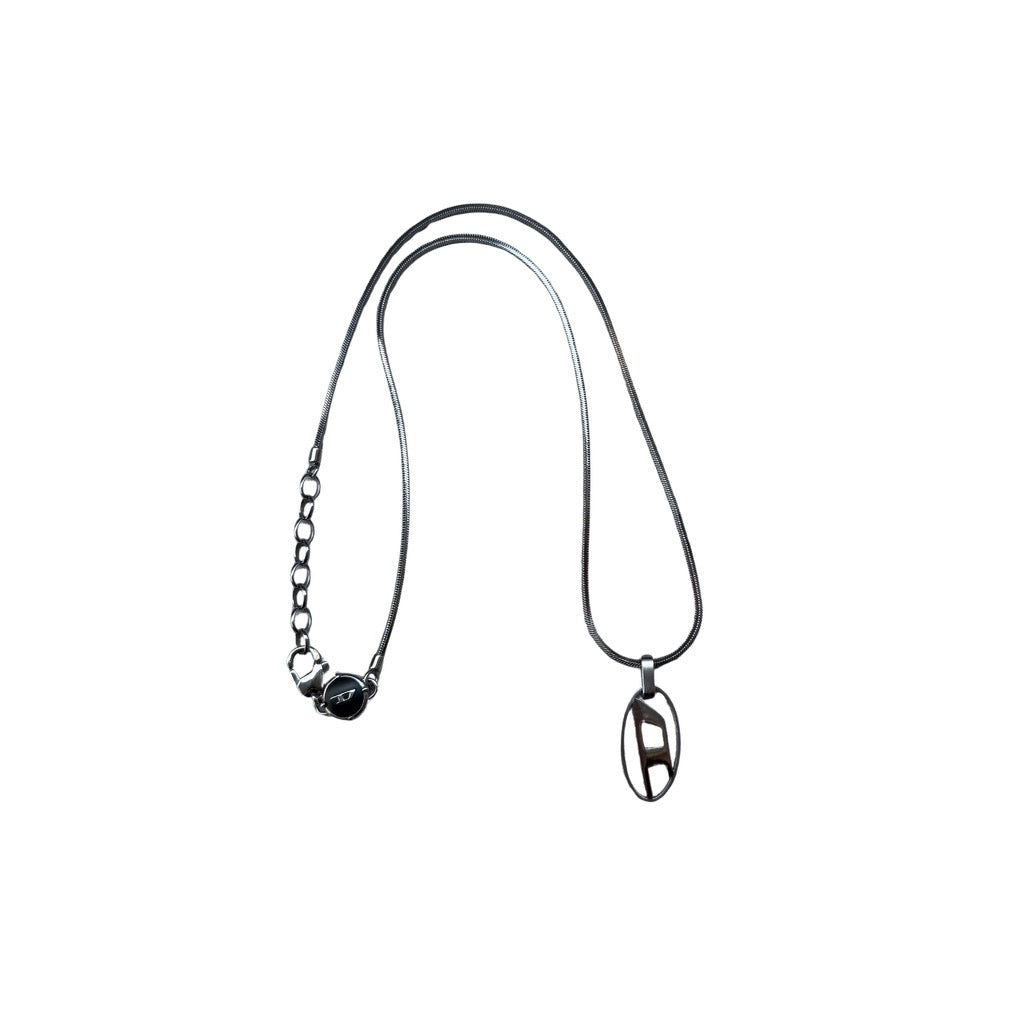 Diesel signature oval D-logo pendant necklace in silver tone with slim chain and minimalist design