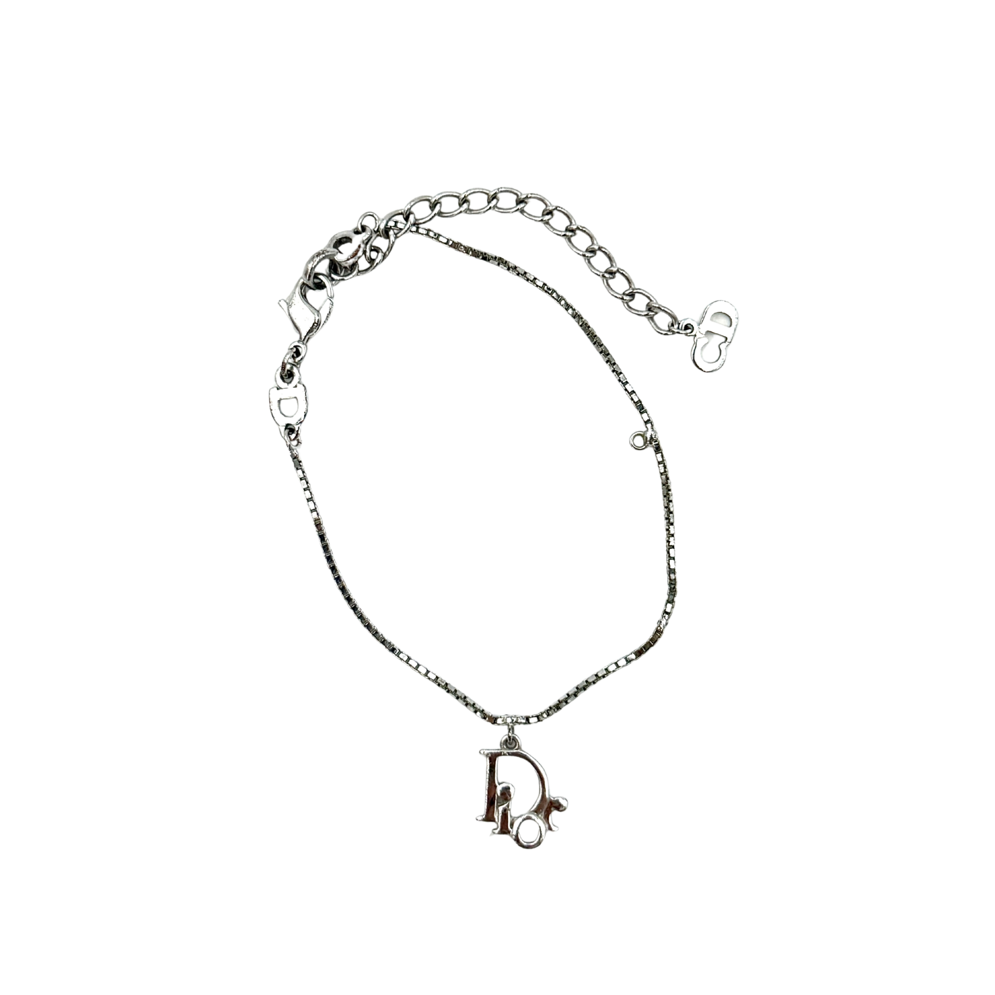 Dior Logo Bracelet Silver featuring a delicate chain design with iconic Dior logo charm and adjustable clasp.