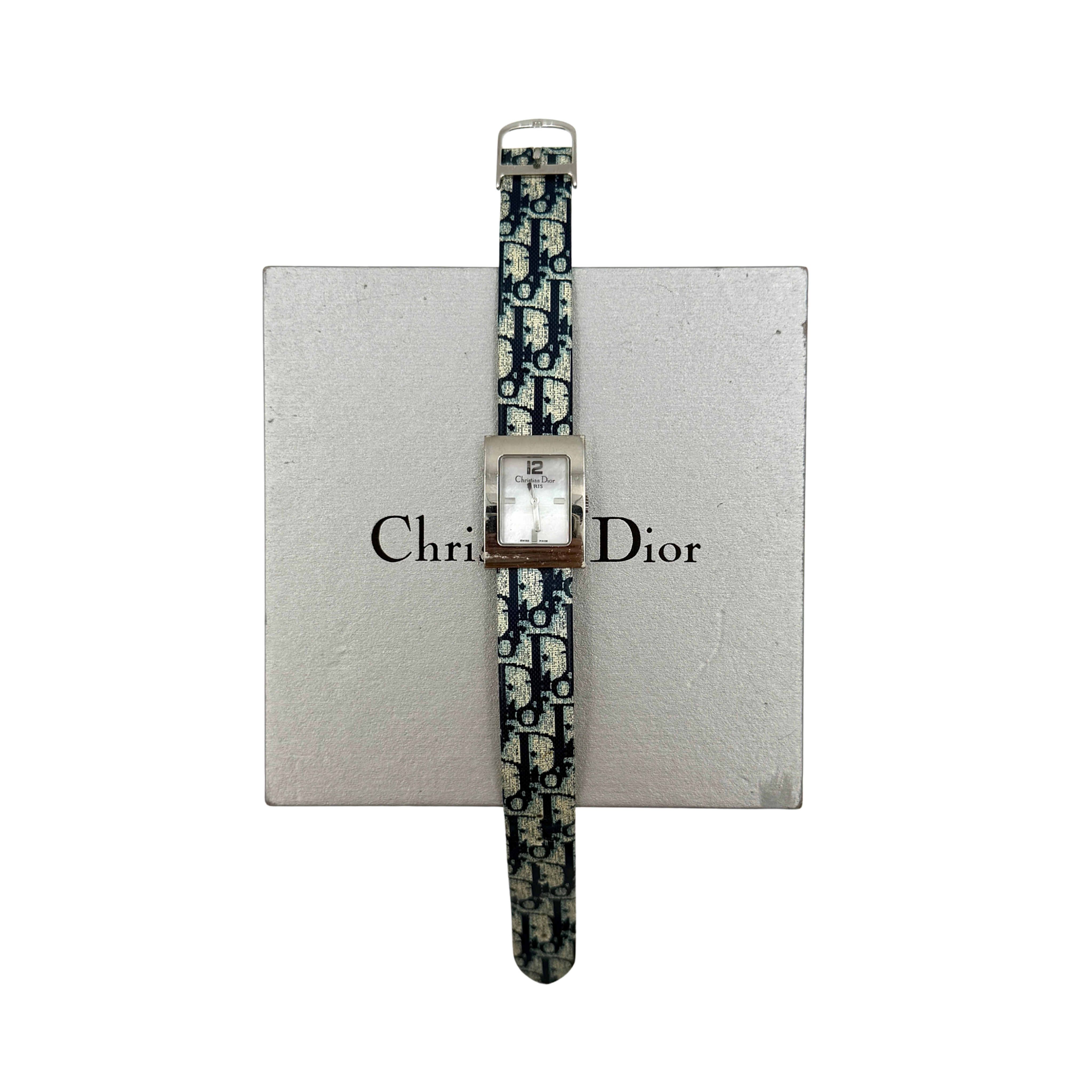 Dior Trotter Malice Watch with blue patterned strap and square silver dial displayed on a Christian Dior branded box