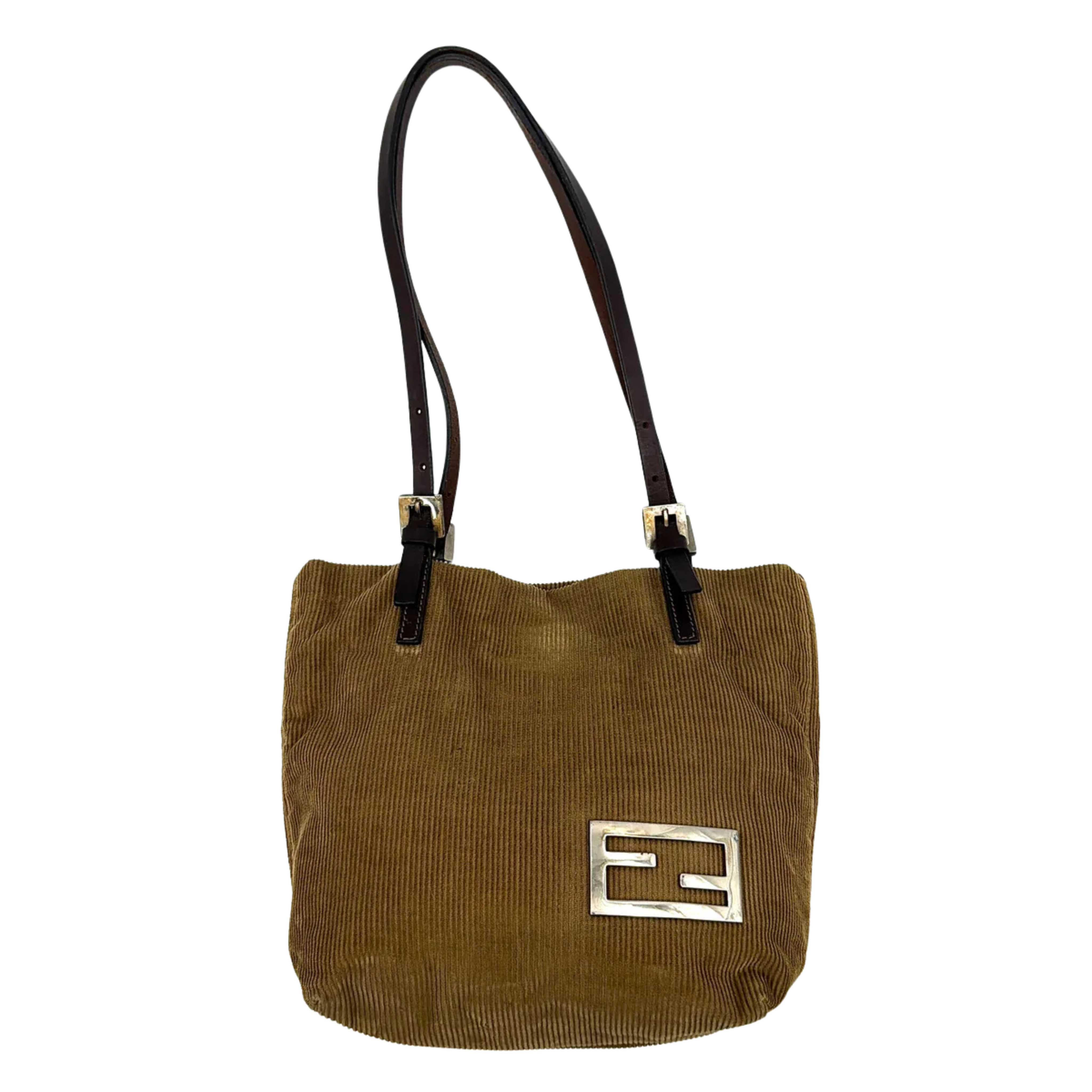 Fendi FF logo mini tote bag in tan corduroy with slim shoulder straps and metal FF logo plaque on the front.
